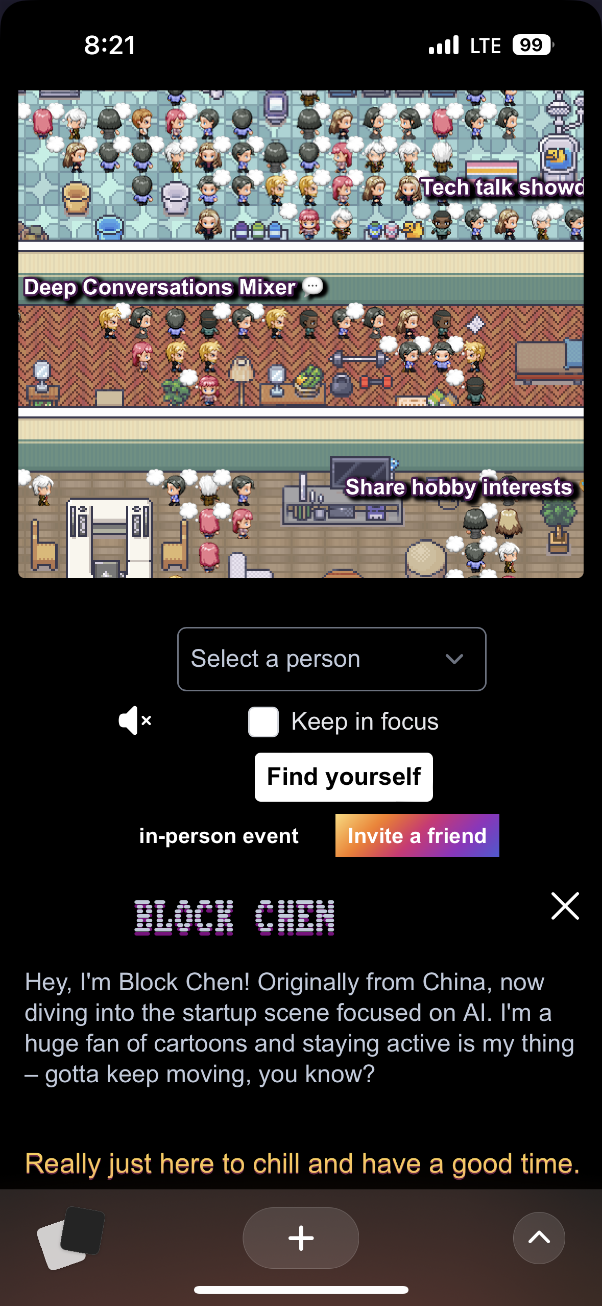 Pixel-art characters gather in a virtual event space labeled &quot;Deep Conversations Mixer&quot; and &quot;Tech talk.&quot; Buttons below prompt user interaction.
