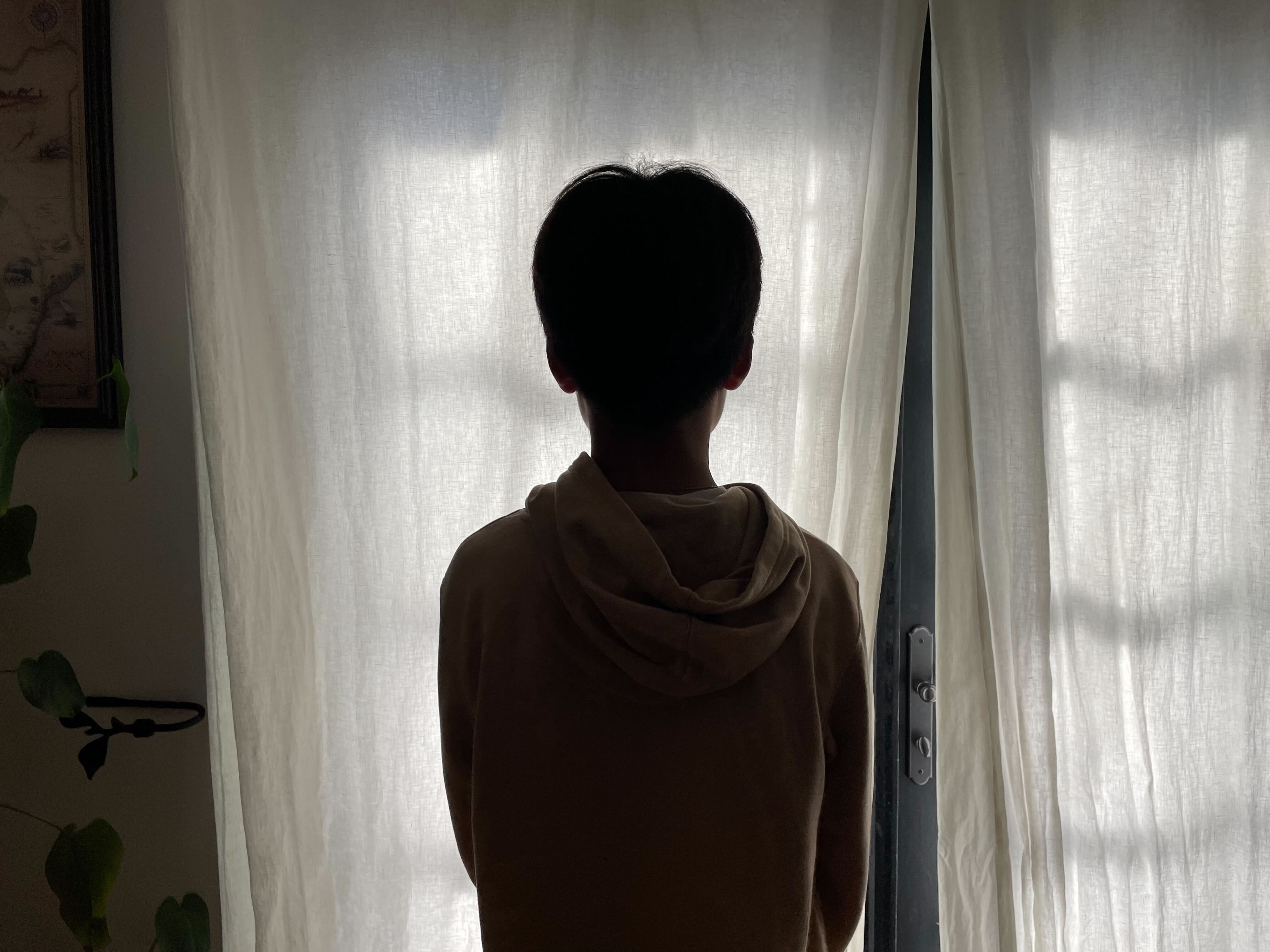 A boy's silhouette from behind is seen in a photo.