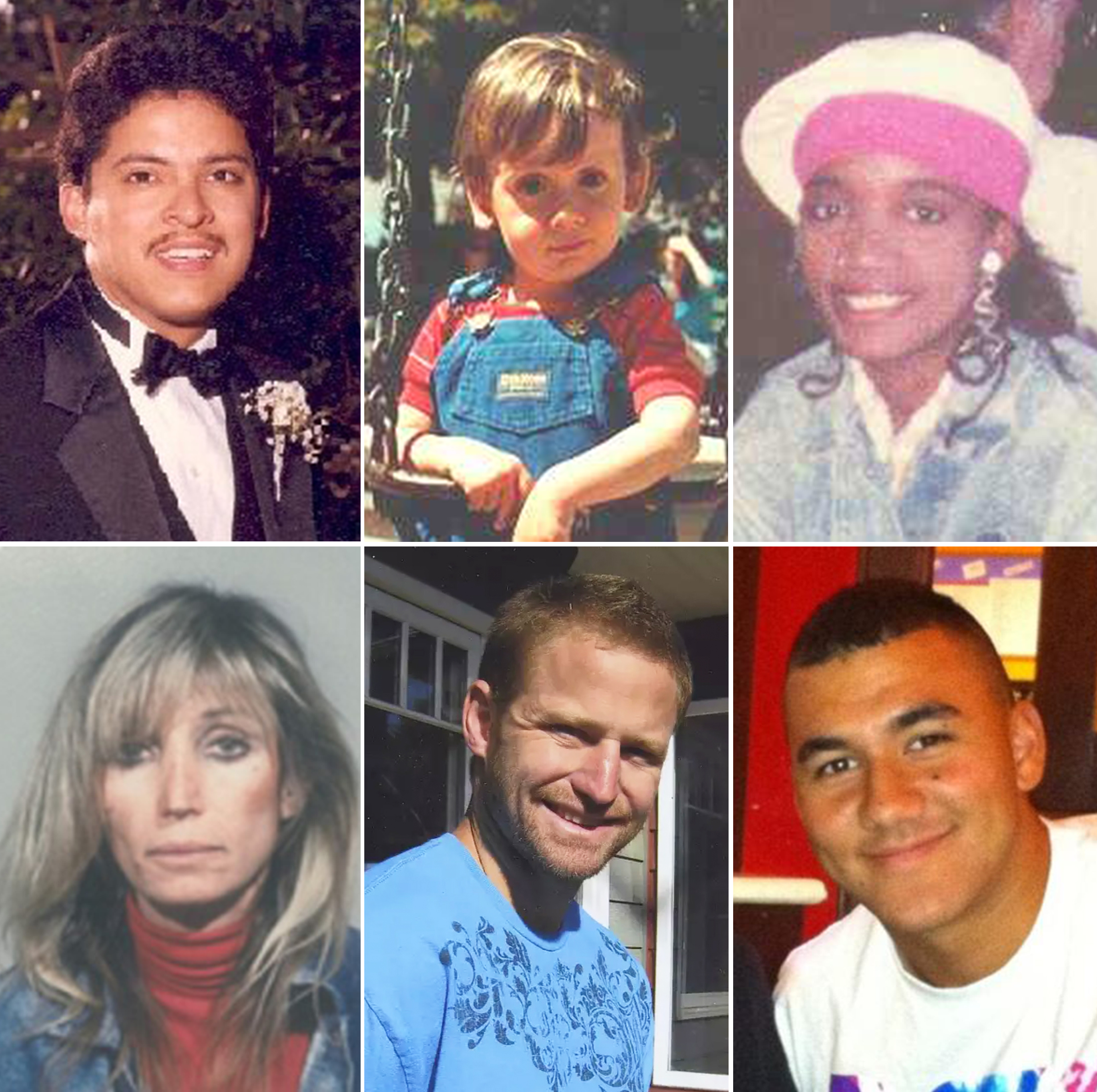 Six varied photos of people: a formal dressed man, a child in overalls, a woman in a visor, a woman with a turtleneck, a smiling man in blue, and a grinning young man.