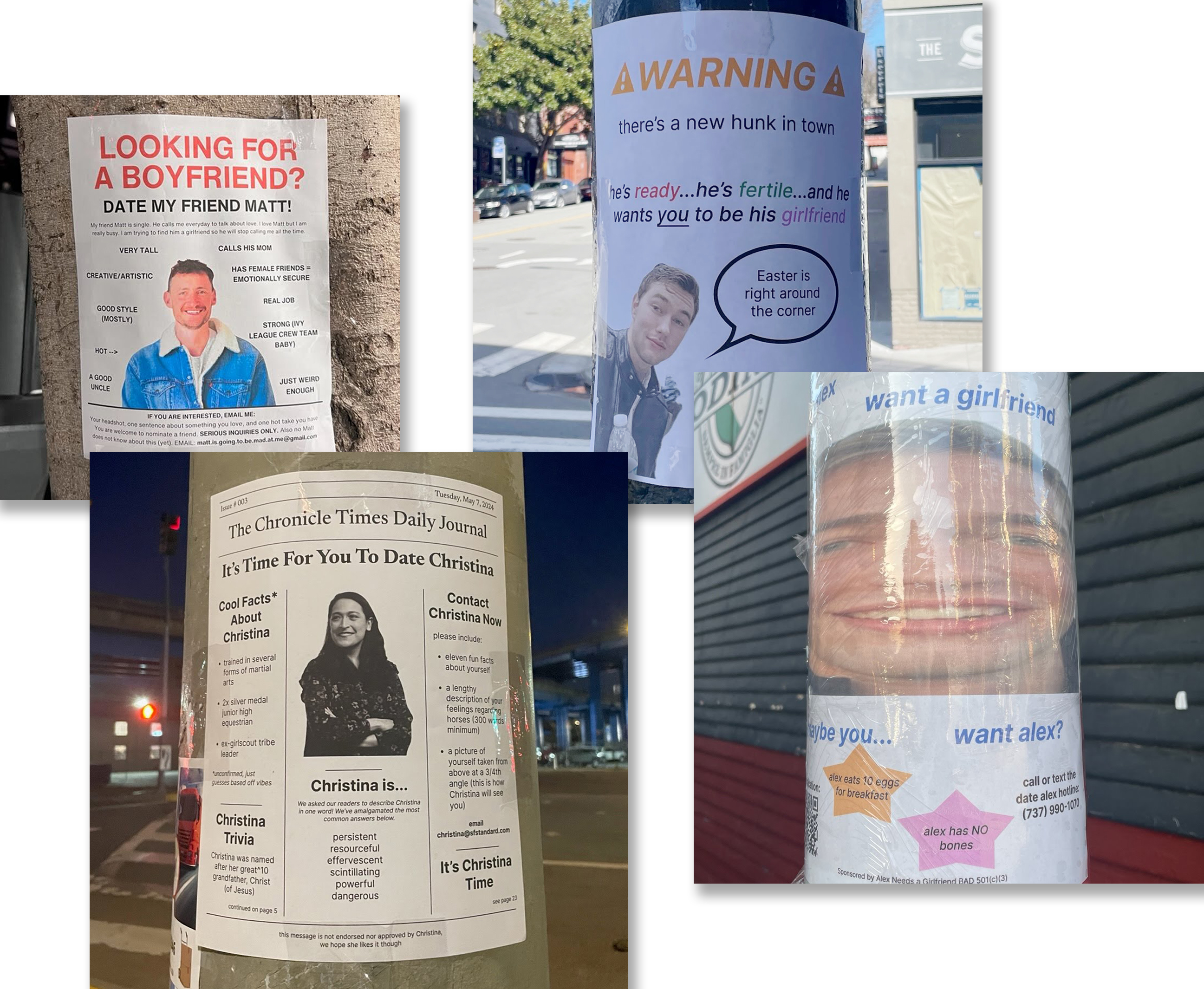 The image shows various humorous flyers posted in public spaces, each advertising a person as a potential date using quirky slogans and personal trivia.