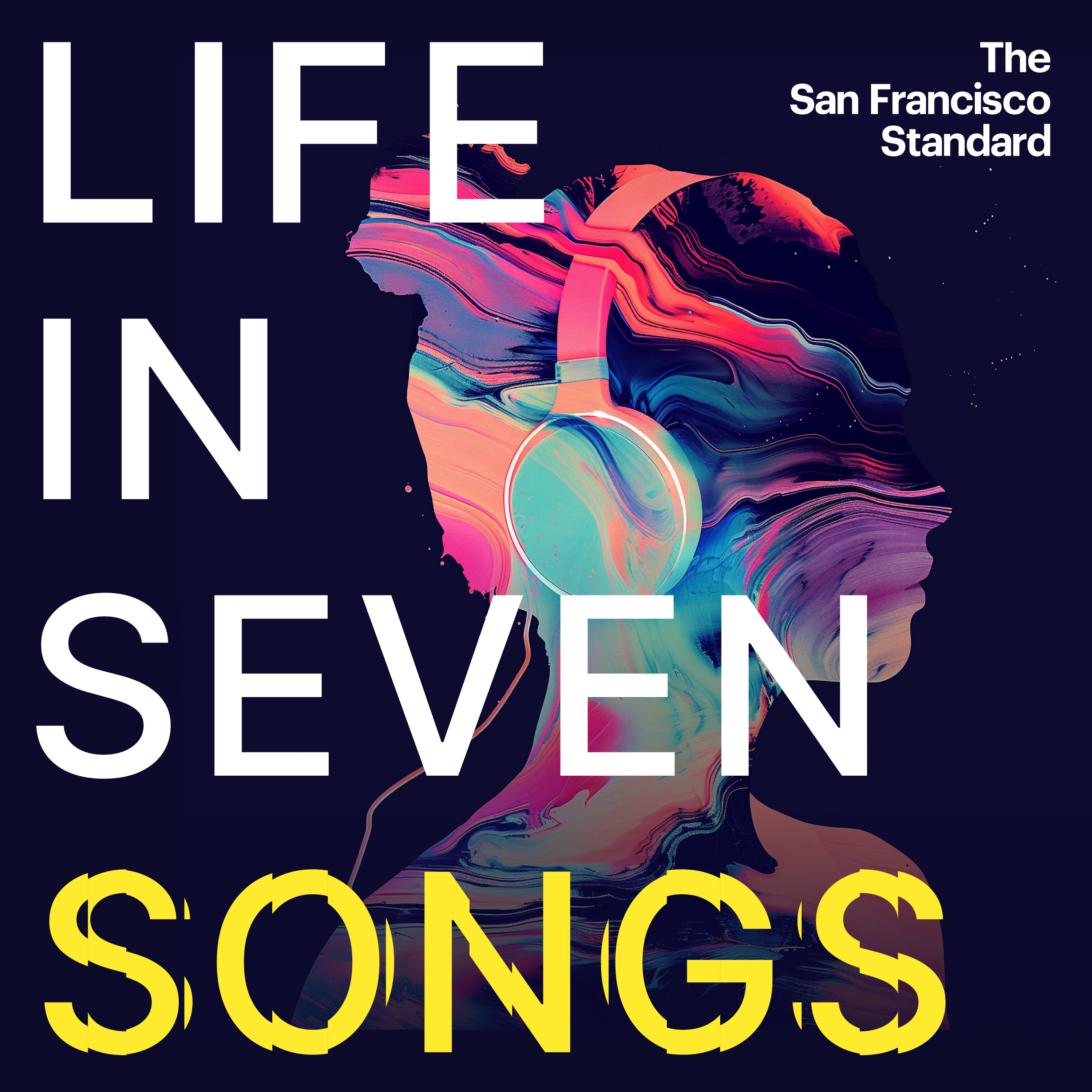 The podcast art for the show "Life in Seven Songs" depicts the silhouette of a woman wearing headphones with a pink, purple and yellow color palette.