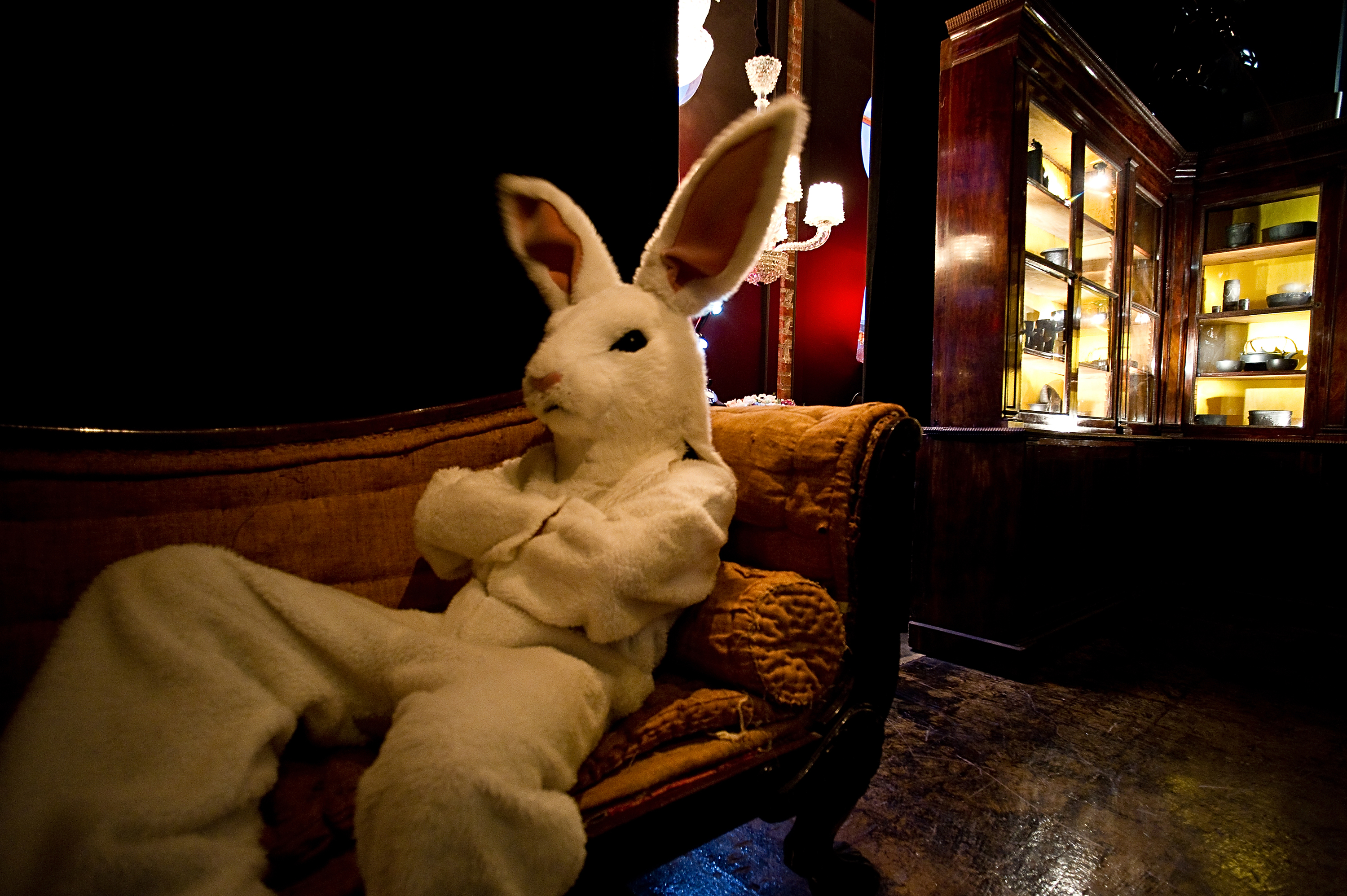 A person in a large white rabbit costume with long ears is sitting on an antique couch in a dark, cozy room, with their arms crossed. There are lit display shelves behind them.