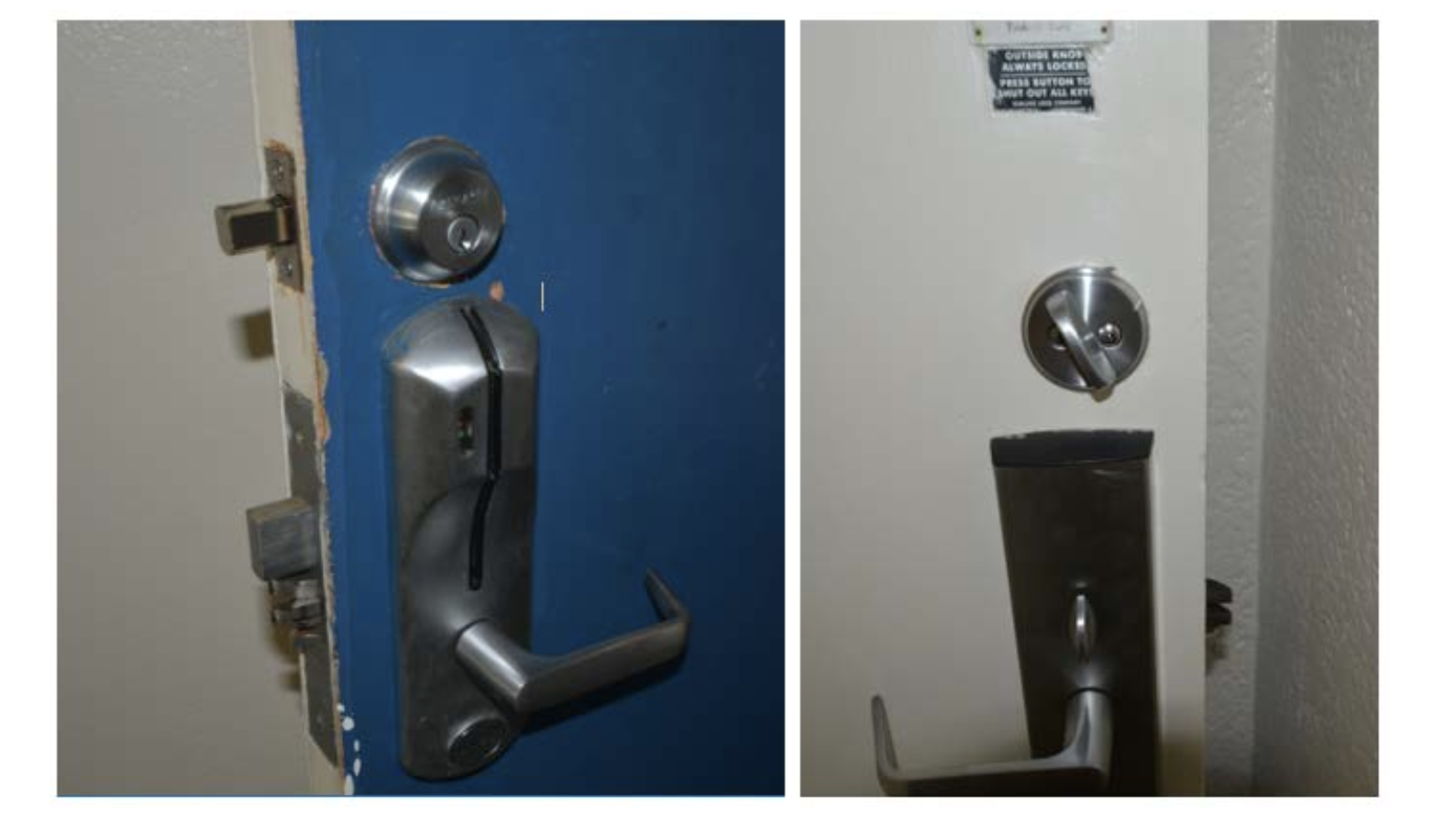 Two images of door handles and locks on different colored doors, one blue, one white, with visible latches and strike plates.