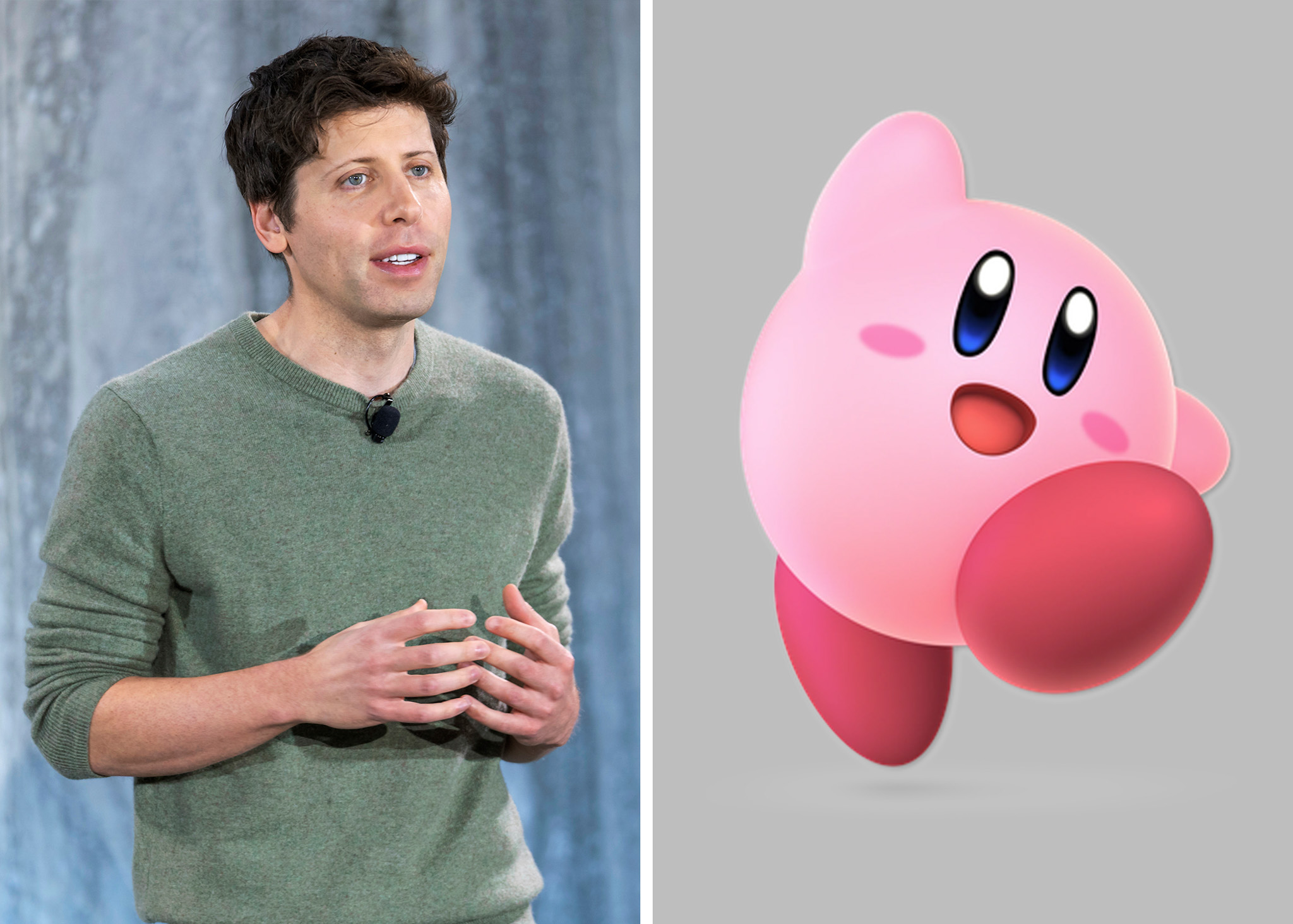The image is split into two parts: on the left is a man wearing a green sweater, speaking, and on the right is an animated pink character with oval eyes and rosy cheeks.