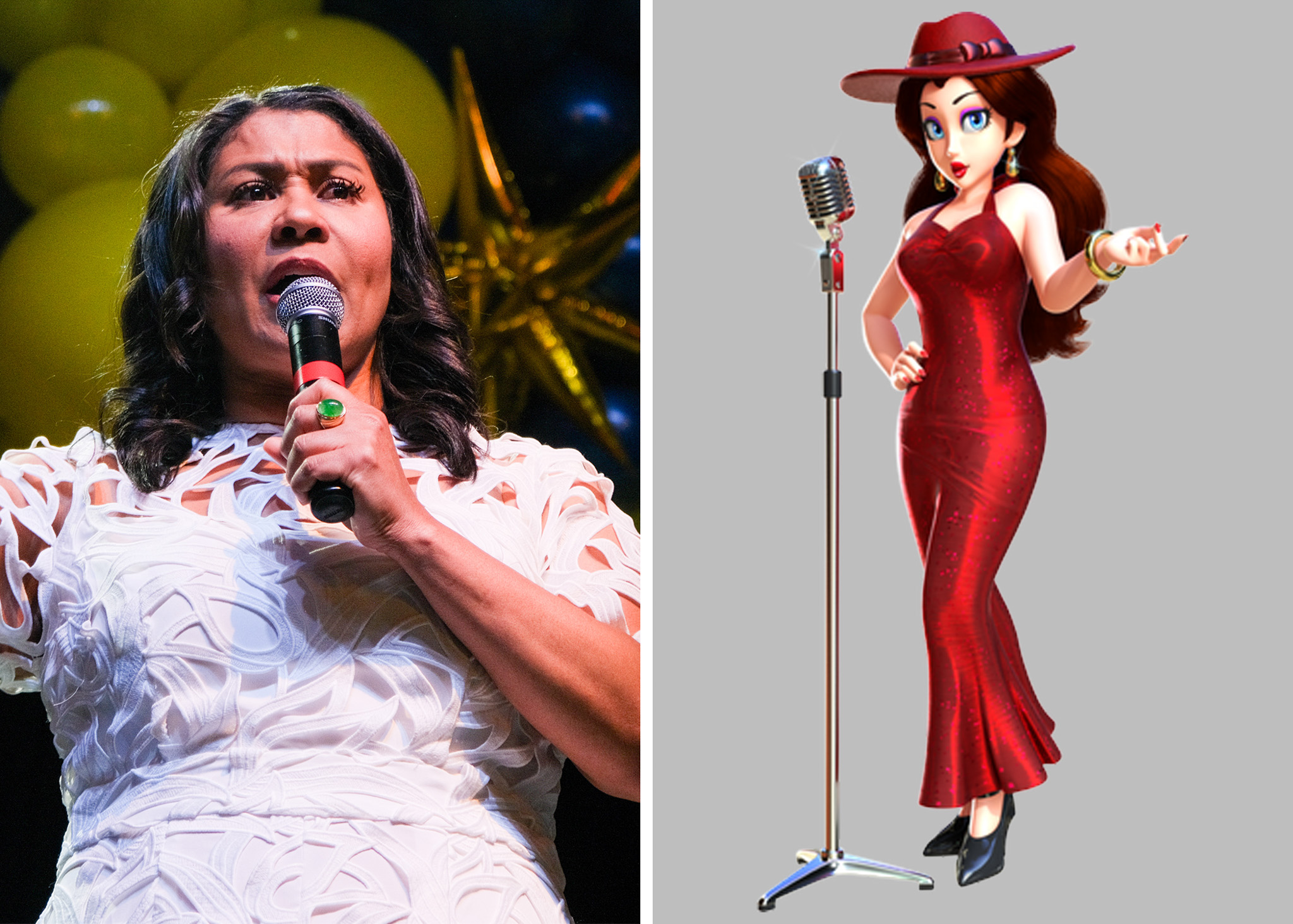 The image shows a split view: on the left, a woman in a white dress speaks into a microphone, with yellow balloons in the background. On the right, a woman in a red dress and hat stands next to a vintage microphone.