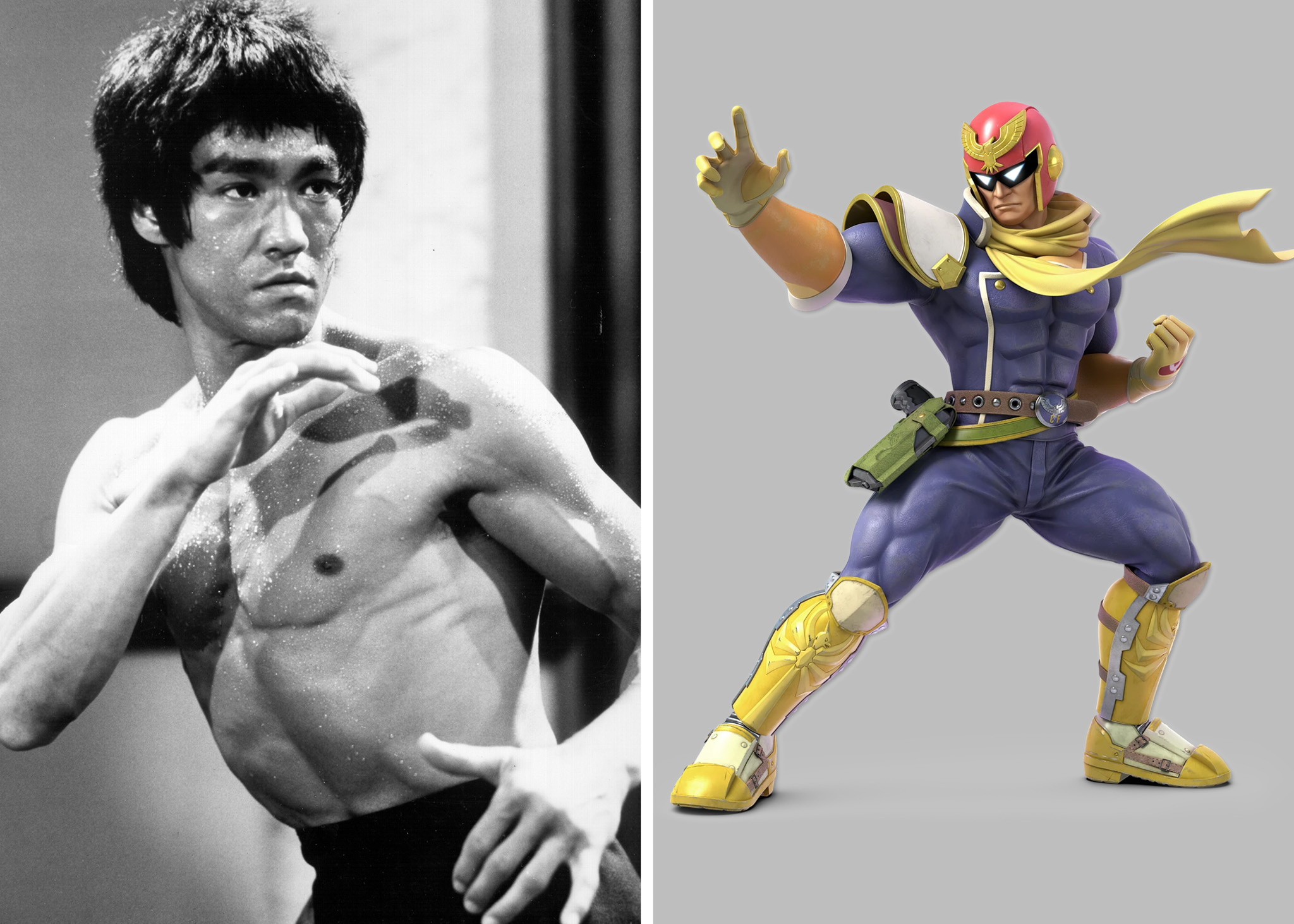 The image is split, showing a shirtless man in a martial arts pose on the left and a muscular superhero in a blue and yellow costume on the right.