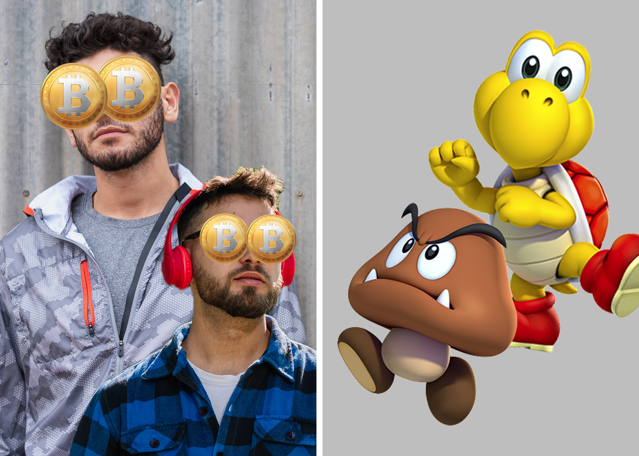 The image features two men with Bitcoin coins as eyes on the left, and Mario characters Goomba and Koopa Troopa on the right, with a plain background.