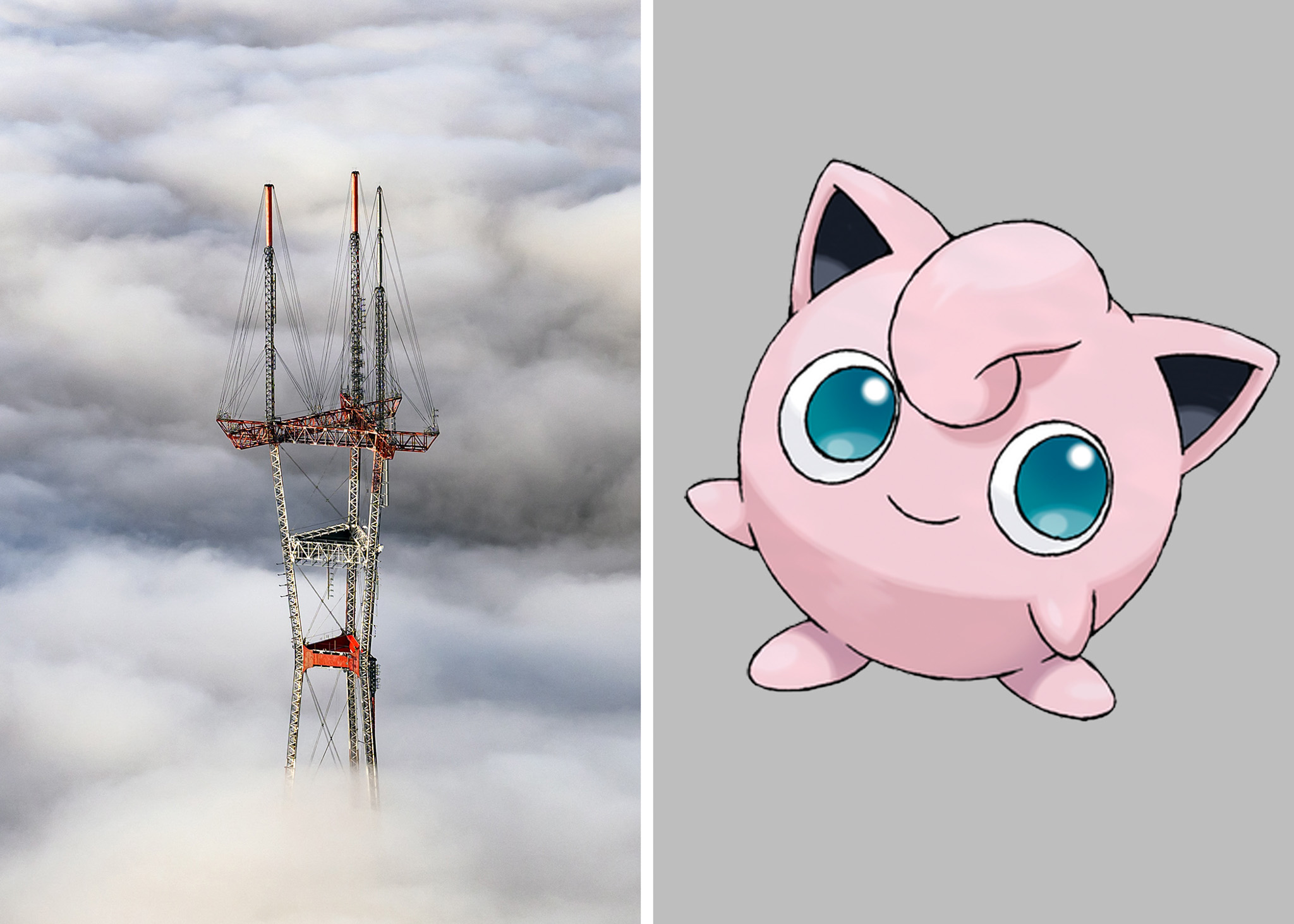 The image is split into two. Left shows a tall transmission tower rising above clouds. Right features a cute, pink, round character with large blue eyes and pointy ears.
