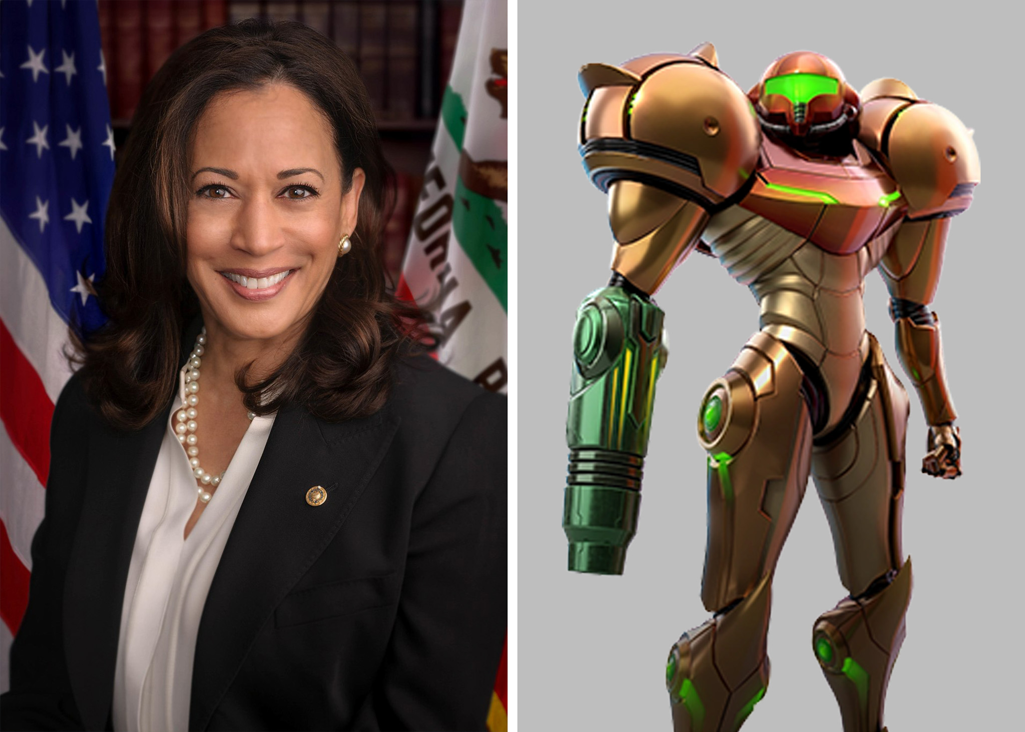 The image is split in two. The left side shows a woman in professional attire with an American flag backdrop. The right side shows a futuristic armored character.