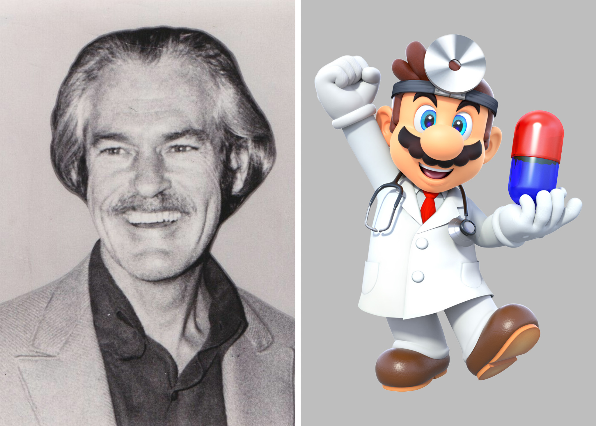 The image has a black-and-white photo of a smiling man on the left and a colorful cartoon doctor holding a red and blue pill on the right.