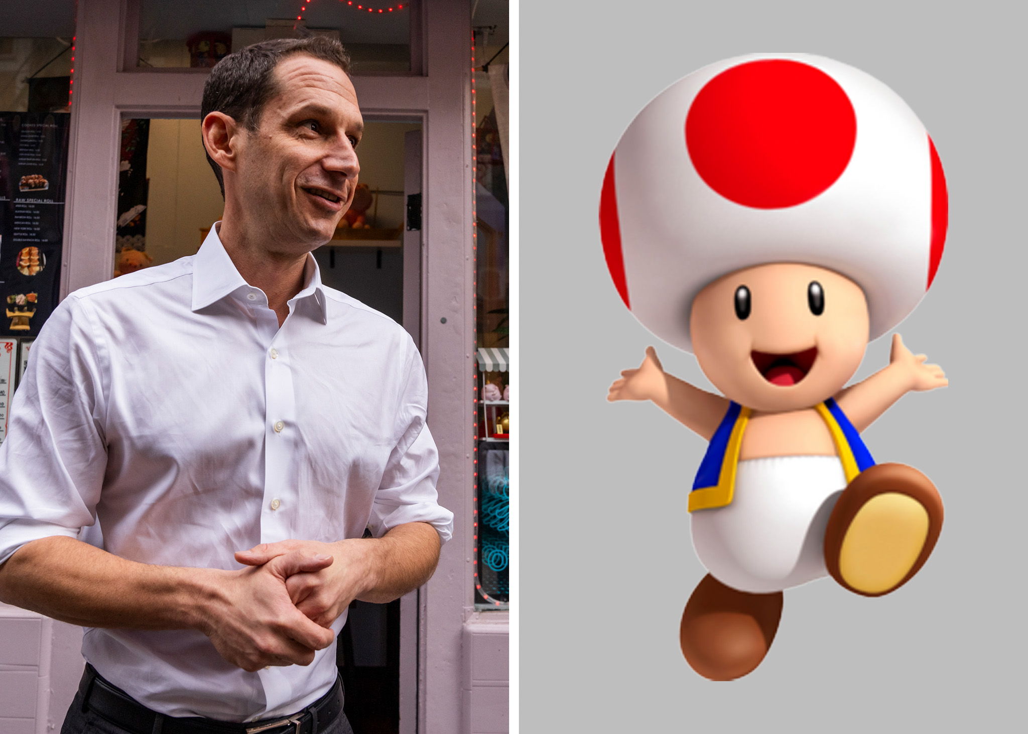 The image is split into two halves: the left shows a man in a white shirt outdoors, and the right features Toad, a character from Mario, with a red-spotted mushroom cap.