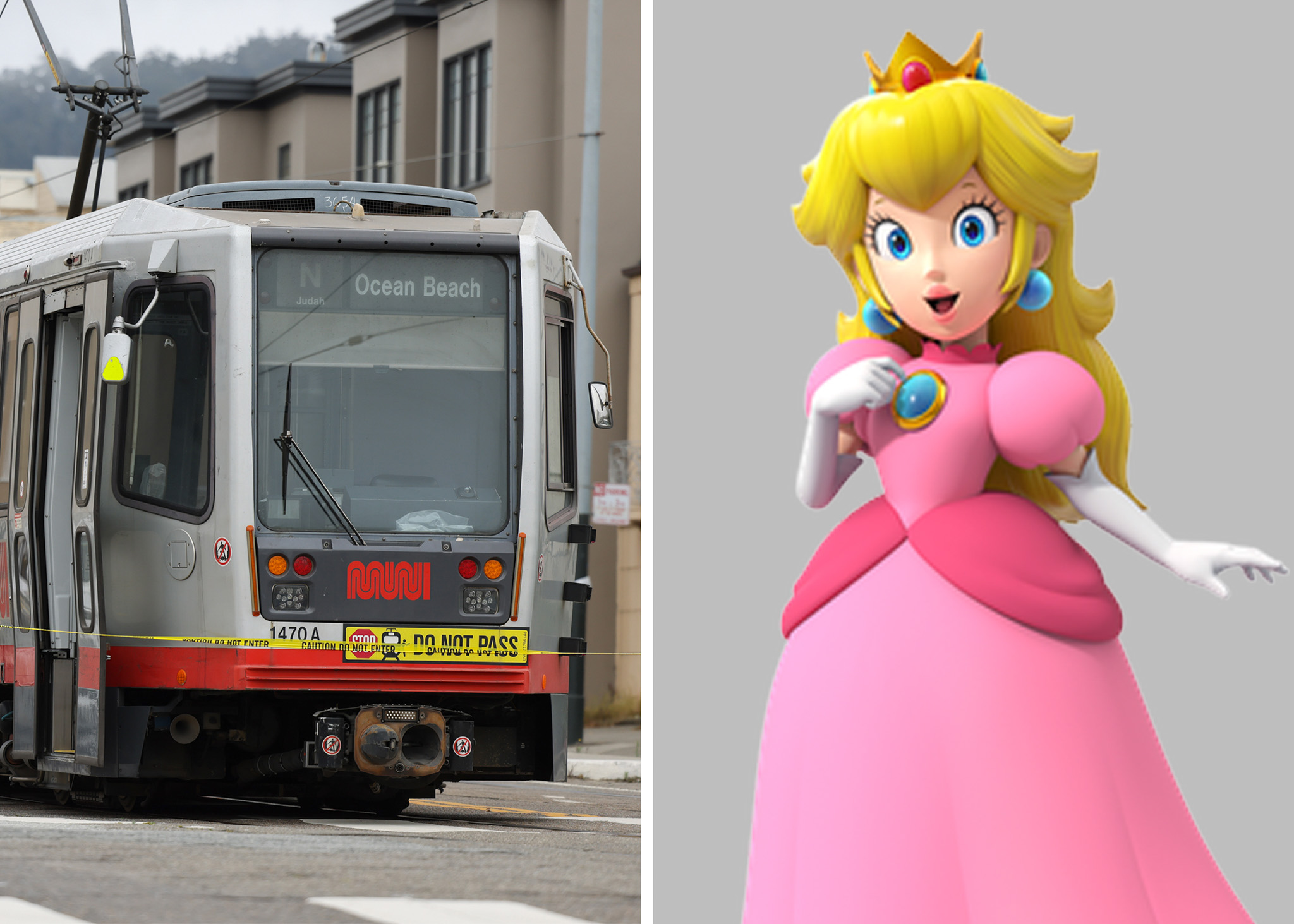 The image is split into two halves: left shows a San Francisco Muni tram labeled &quot;Ocean Beach,&quot; and right shows Princess Peach from Mario games in a pink dress.