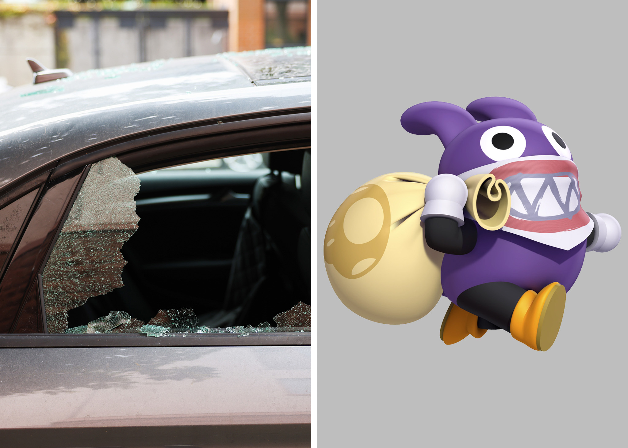 The image has two parts: on the left, a car's side window with shattered glass, and on the right, a cartoon character resembling a purple rabbit with a large yellow sack.