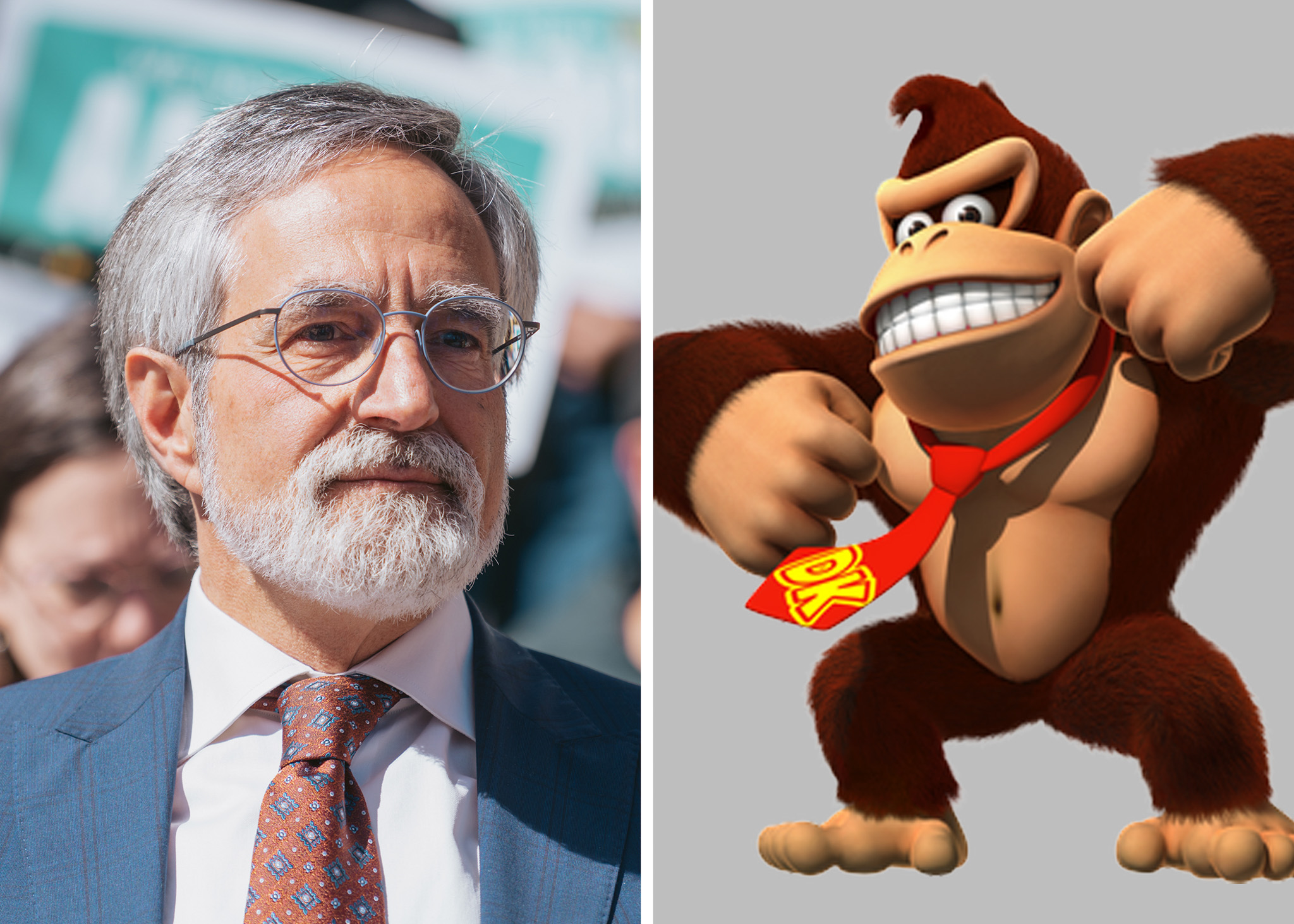 The image is split in half. The left shows a man with gray hair, glasses, a beard, a suit, and a patterned tie. The right shows Donkey Kong, a muscular, brown gorilla wearing a red tie.