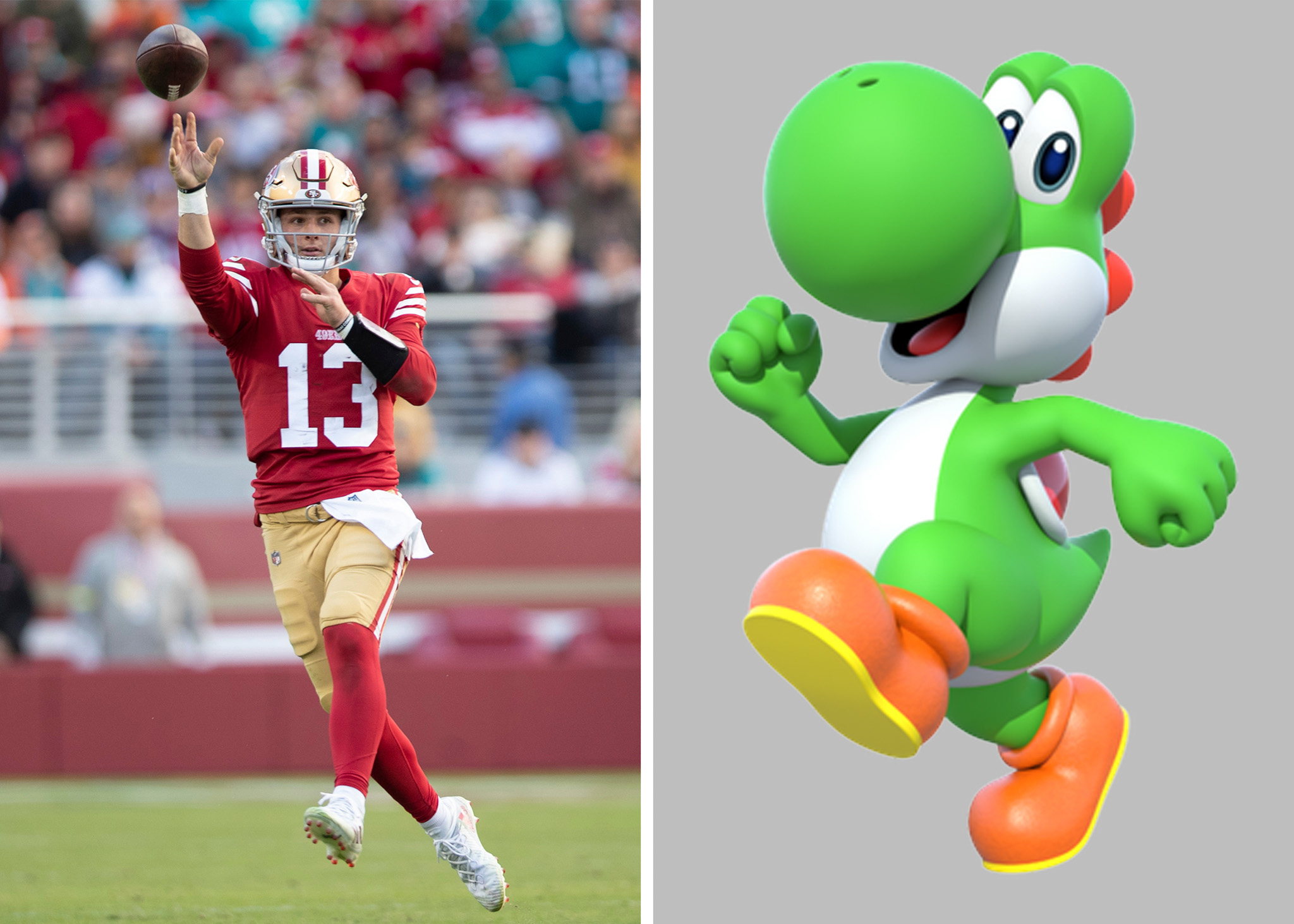 The image shows a football player in a red and gold uniform throwing a pass on the left and a cheerful, green dinosaur cartoon character (Yoshi) on the right.