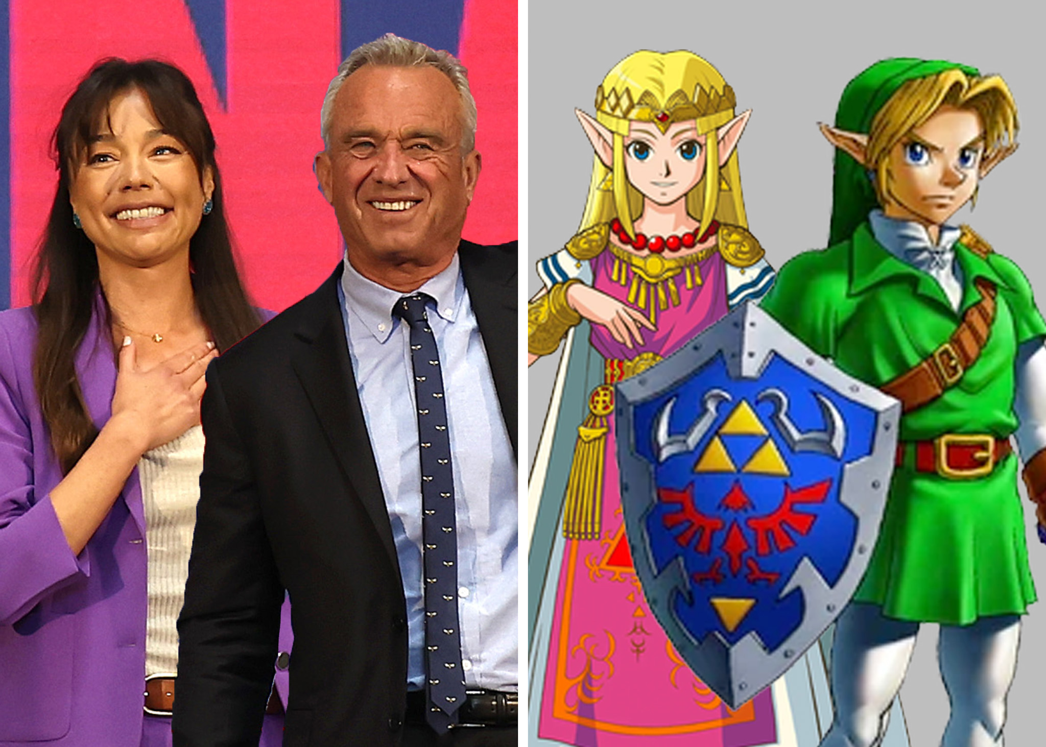 The image is split in two. On the left are a smiling woman in a purple outfit and a smiling man in a suit. On the right are animated characters Zelda and Link.