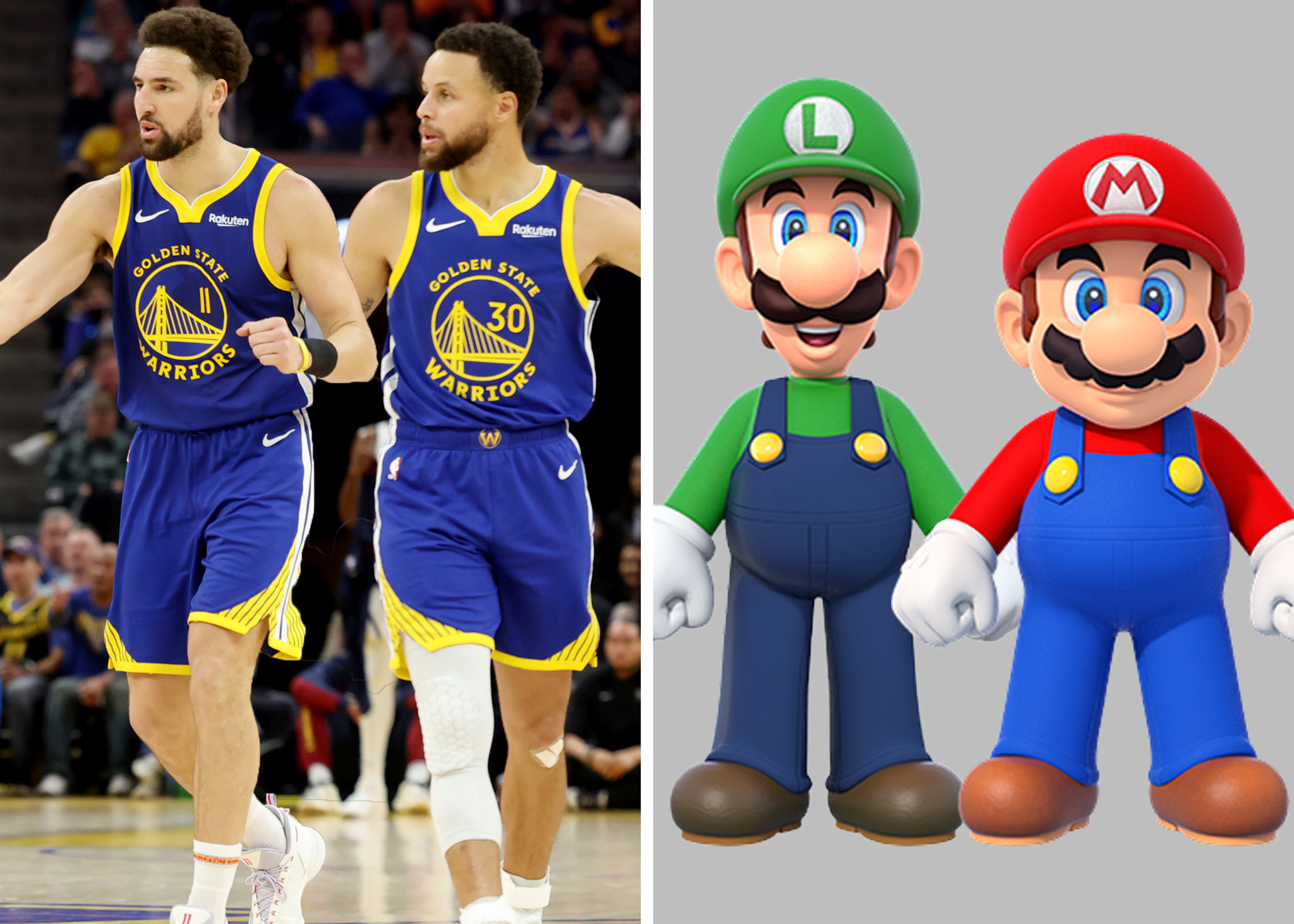 The image is split into two. On the left, two basketball players in blue Golden State Warriors jerseys walk on a court. On the right, there's Luigi in green and Mario in red.