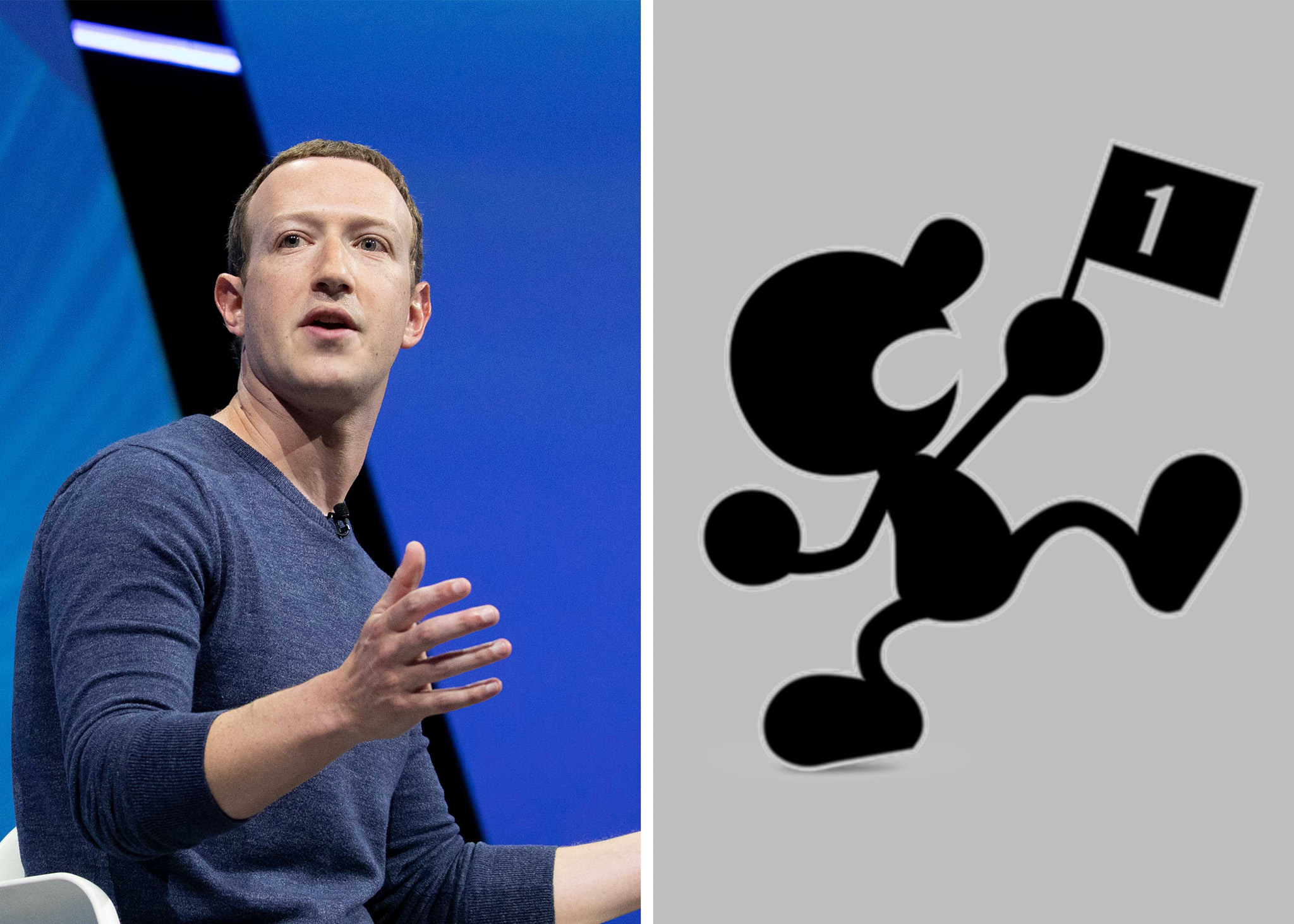 The image is split into two parts: the left shows a man in a blue shirt speaking, while the right depicts the black silhouette of a cartoonish figure holding a flag with the number 1.