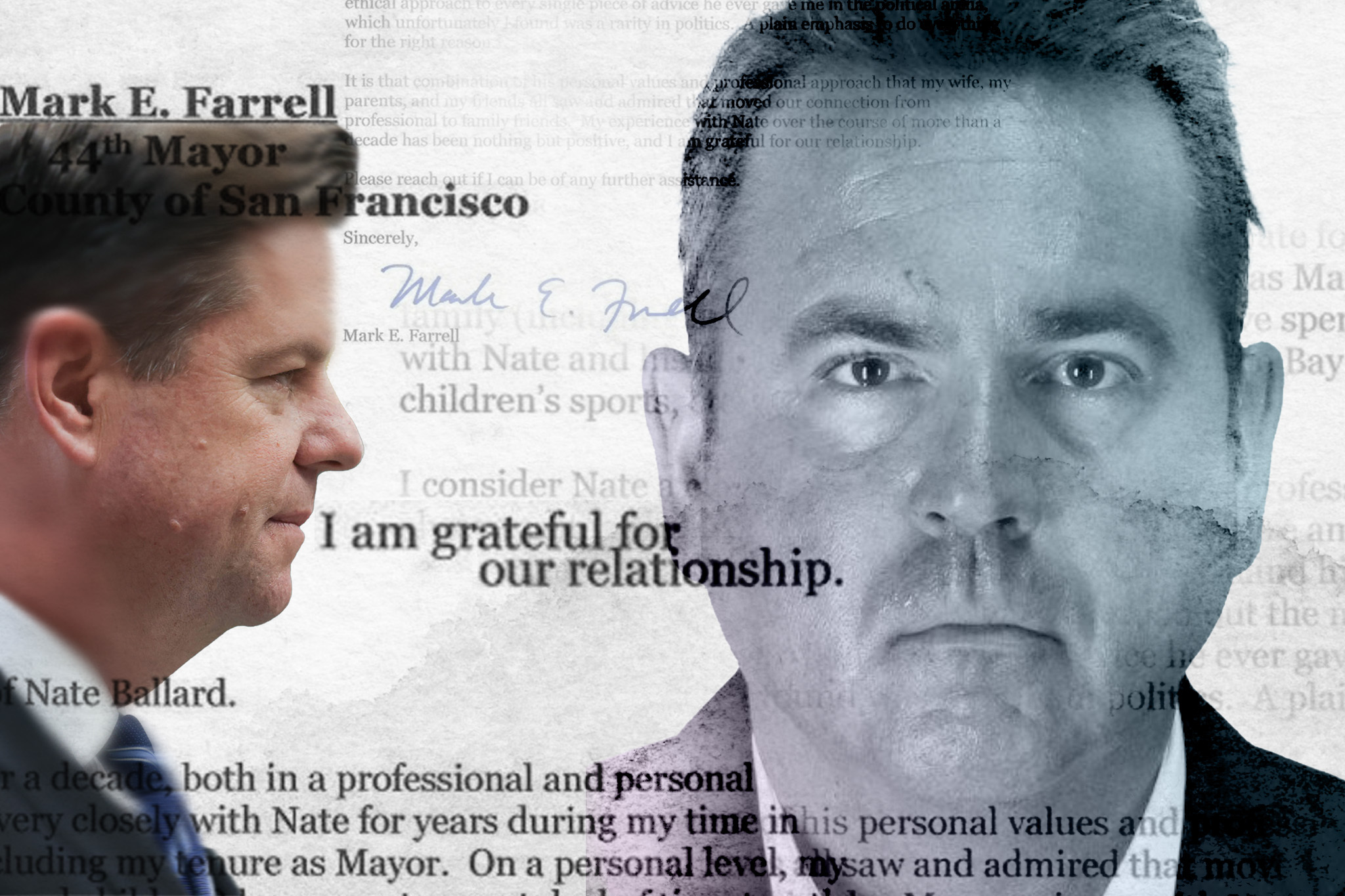 An illustration that features a profile photo of San Francisco Mayor Mark Farrell and a mugshot of Nathan Ballard.