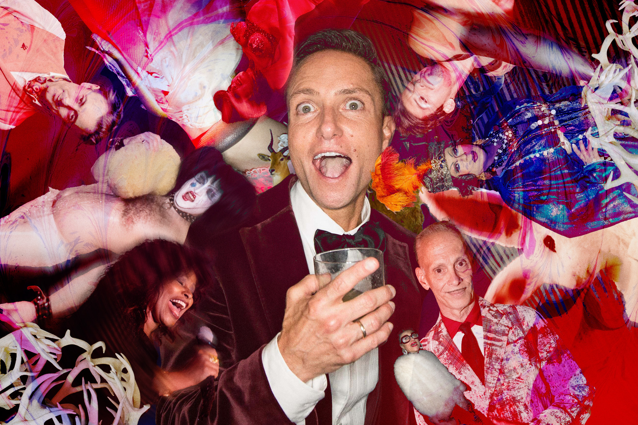 A man in a velvet tuxedo holds a drink, surrounded by eccentric, colorful, and surreal imagery, including performers, costumes, and overlapping faces in vibrant hues.