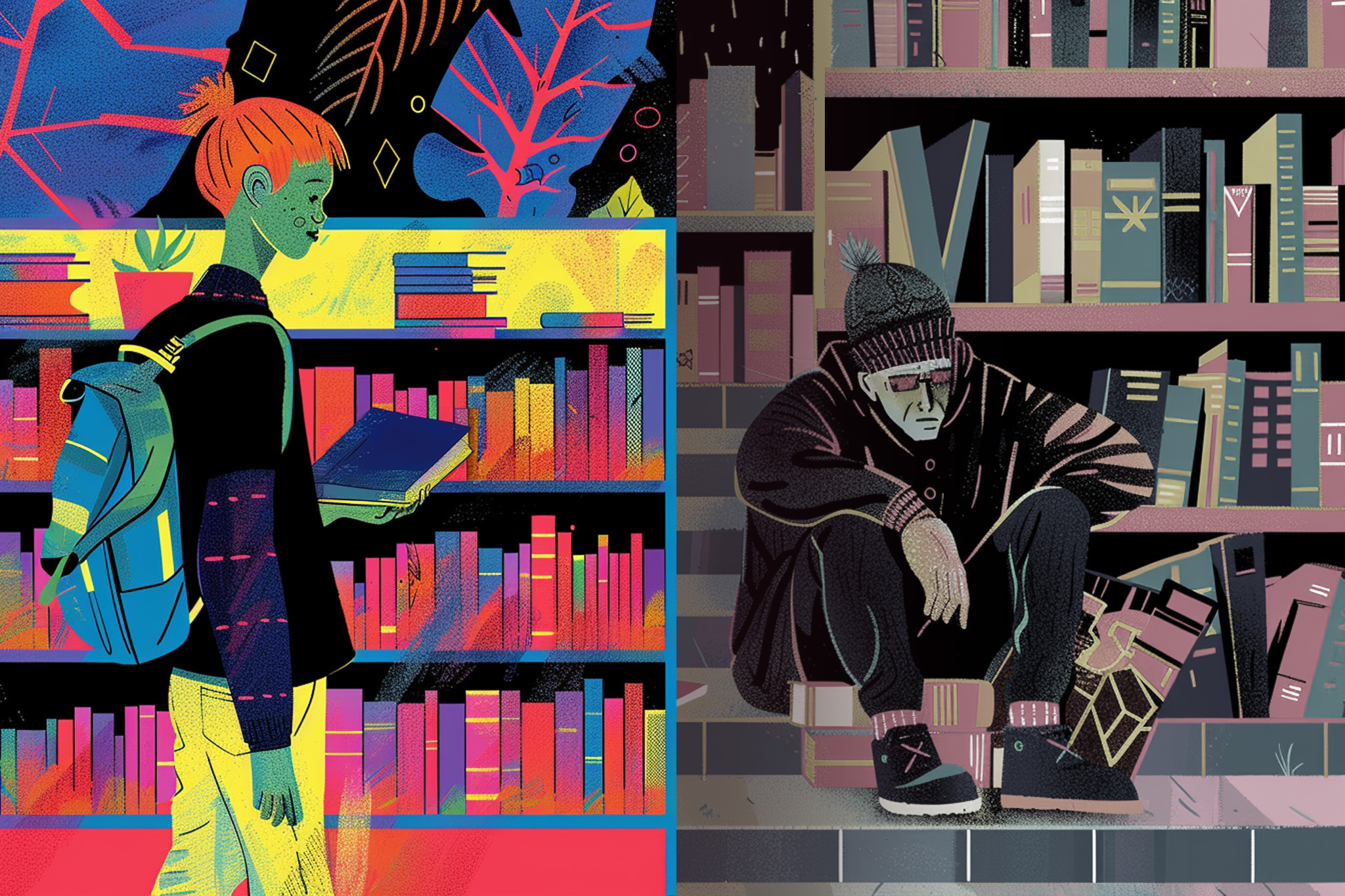 A split illustration showing one side with a person browsing books in a vibrant library, and the other in a darkened space with a person seated, surrounded by fallen books.