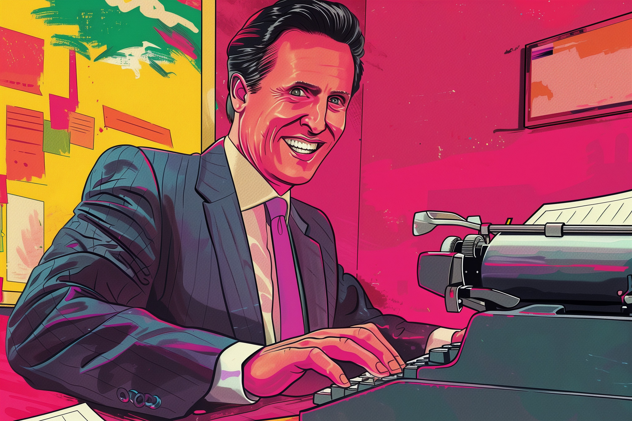 An illustration shows a smiling man in a suit at a desk with a typewriter, set against a vivid pink and yellow background.