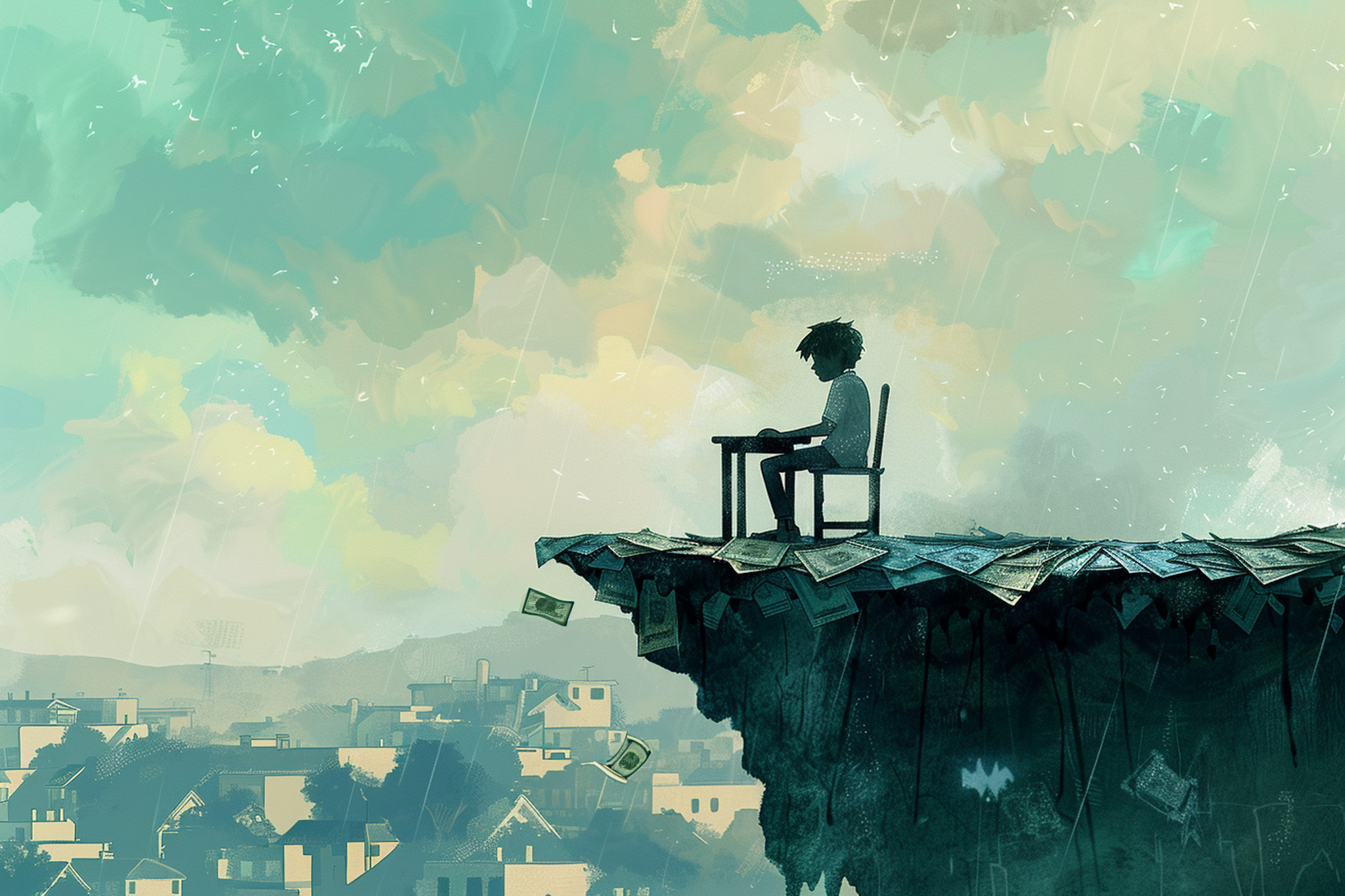 A person with dark hair sits on a chair at the edge of a cliff made of books, overlooking a dreamy, cloud-filled sky and a distant cityscape below.