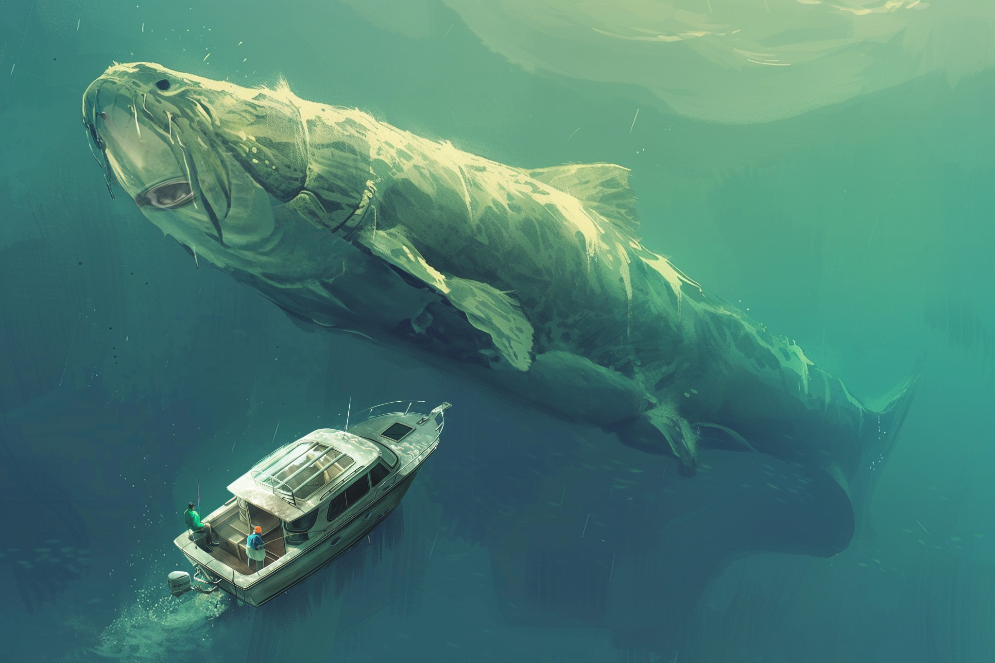 An illustration of a huge sturgeon beside a small boat on open water.