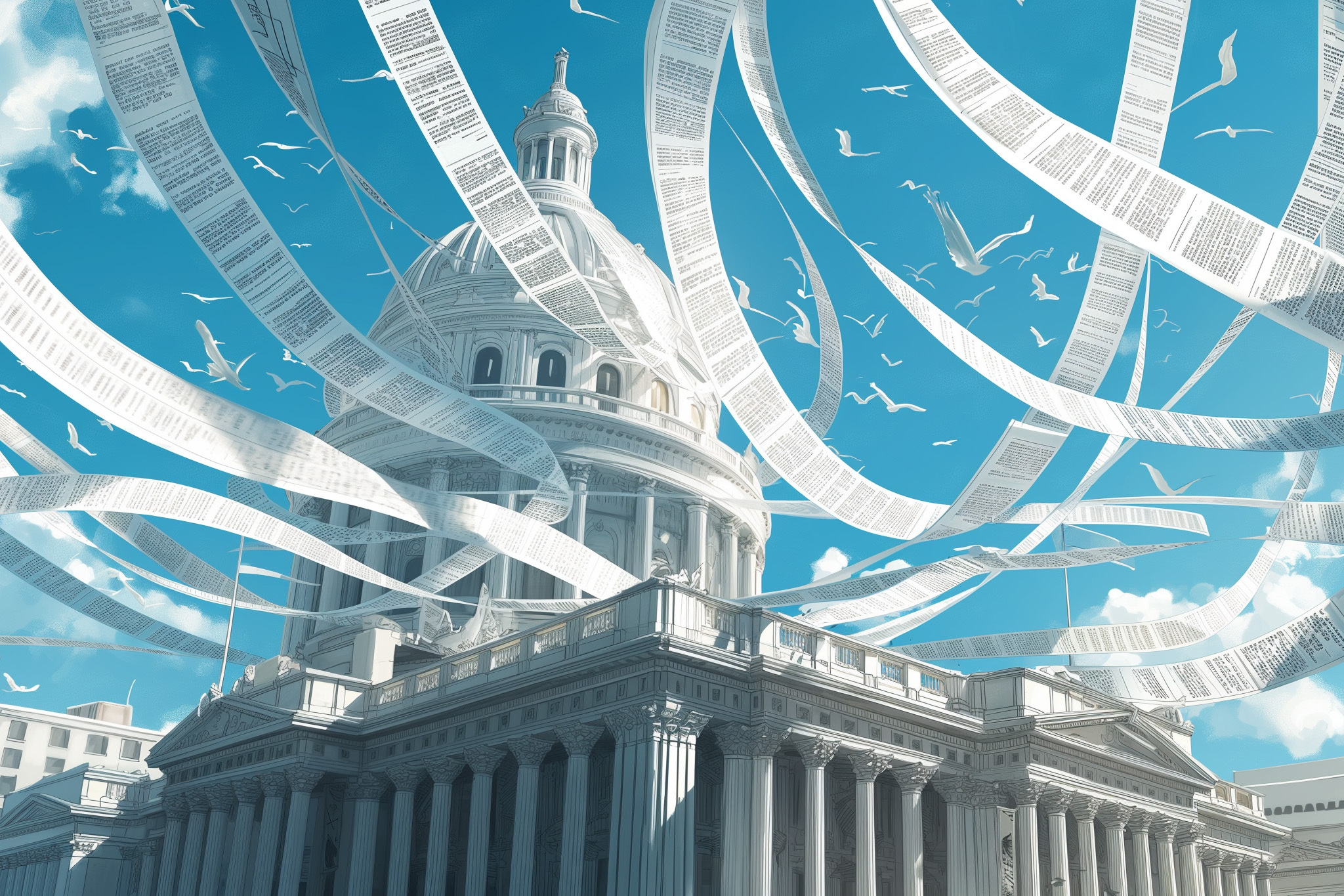 A neoclassical building with a dome is surrounded by swirling newspaper strips and seagulls under a blue sky.