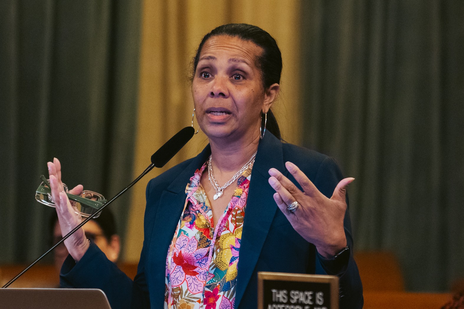 A person speaking infront of a microphone at city hall.