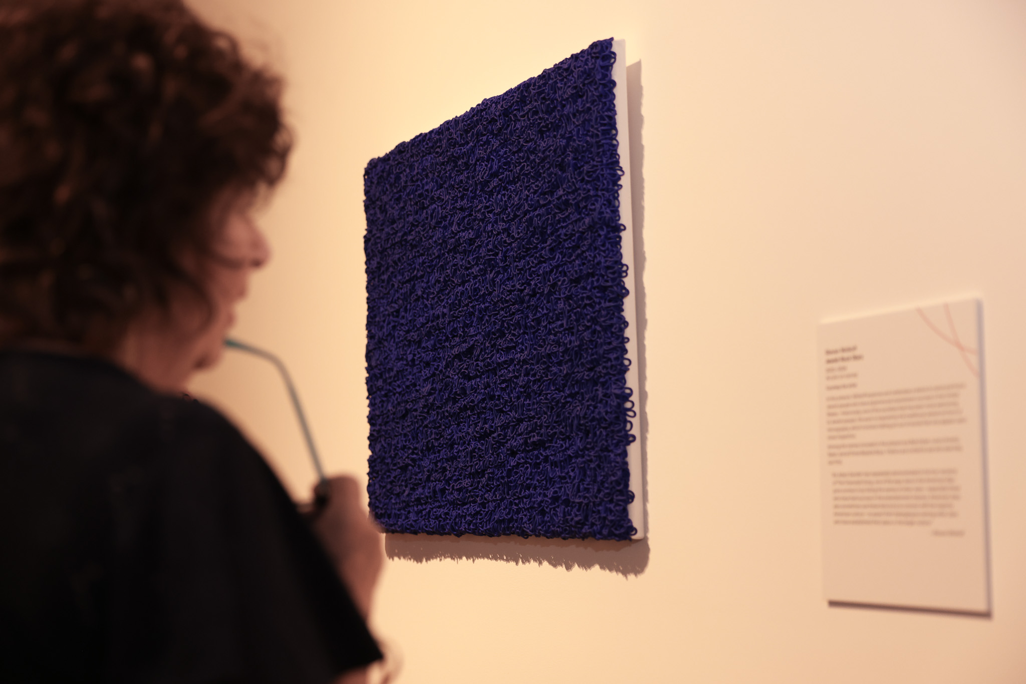 A person is observing a textured, deep blue rectangular artwork mounted on a white wall. A description plaque is also mounted on the wall next to the artwork.