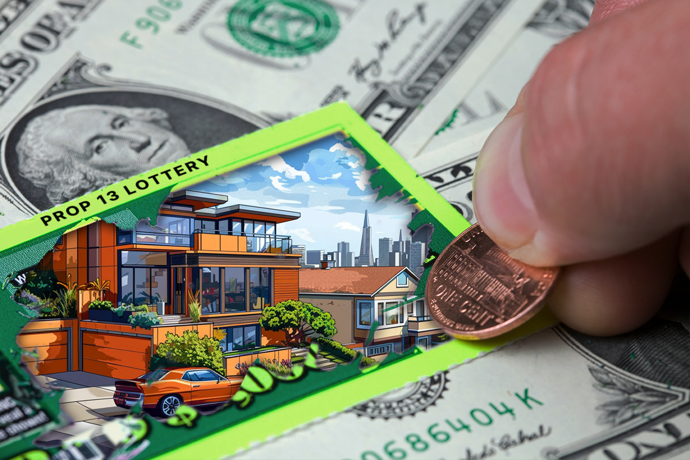 A hand is using a penny to scratch a lottery ticket labeled "Prop 13 Lottery," with a depiction of modern houses and a city skyline, lying on a few dollar bills.