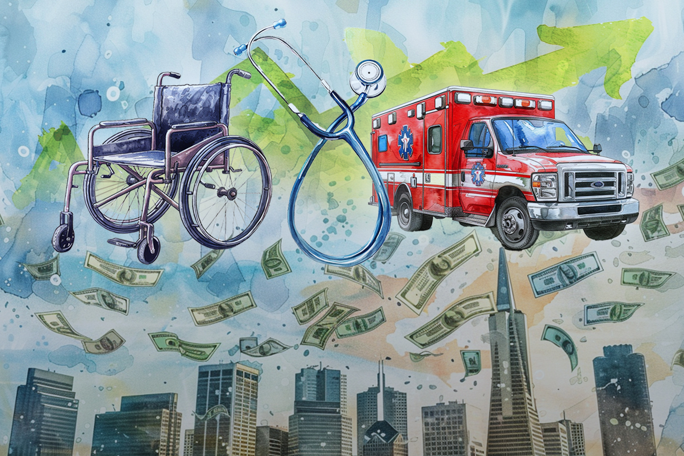 The image shows a wheelchair, stethoscope, and ambulance amid flying dollar bills, set against a backdrop of city skyscrapers and upward-pointing arrows.