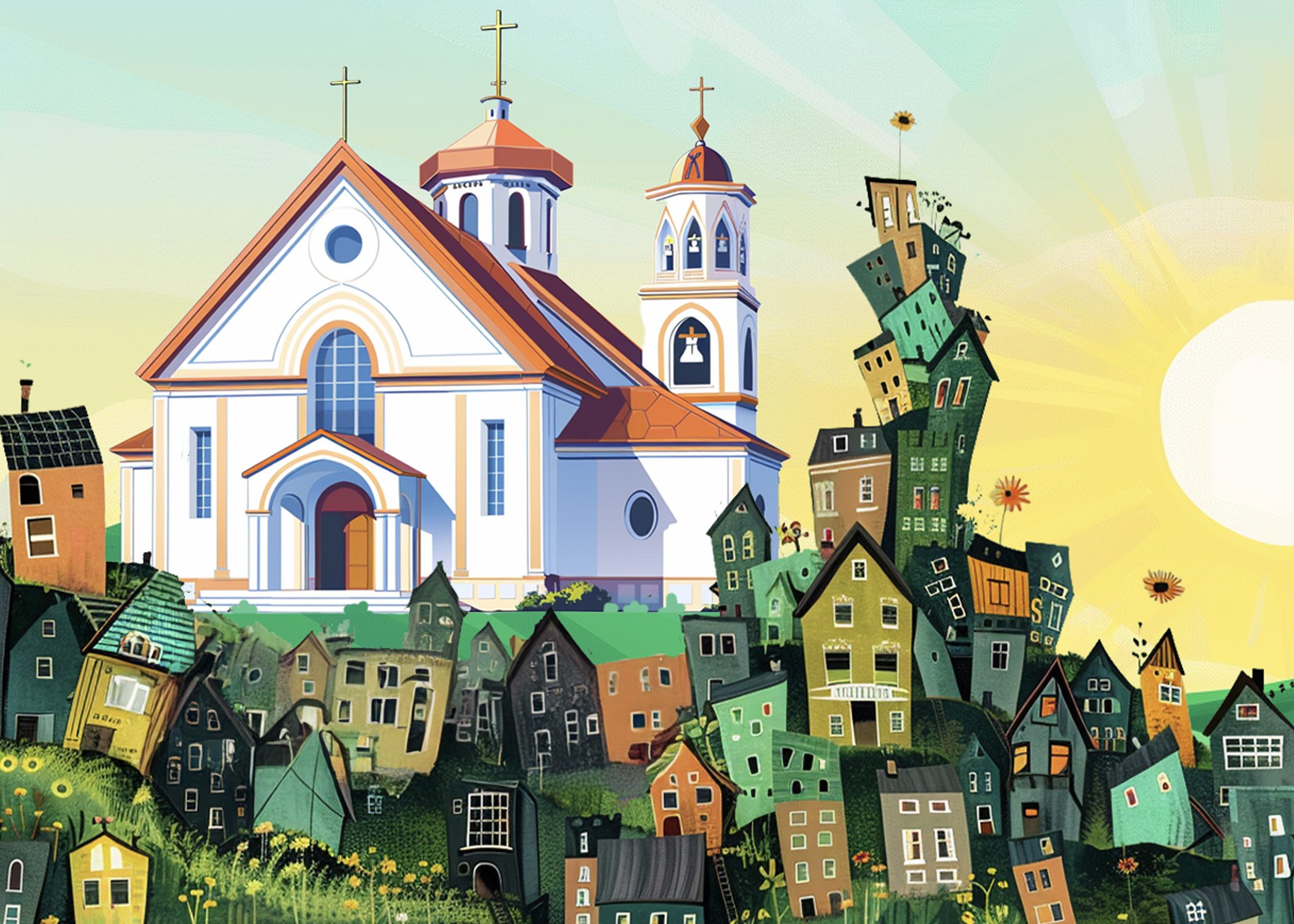 A white church with orange roofs stands on a hill, surrounded by sunflowers and whimsical, tilting houses. The sun shines brightly in a greenish-yellow sky.