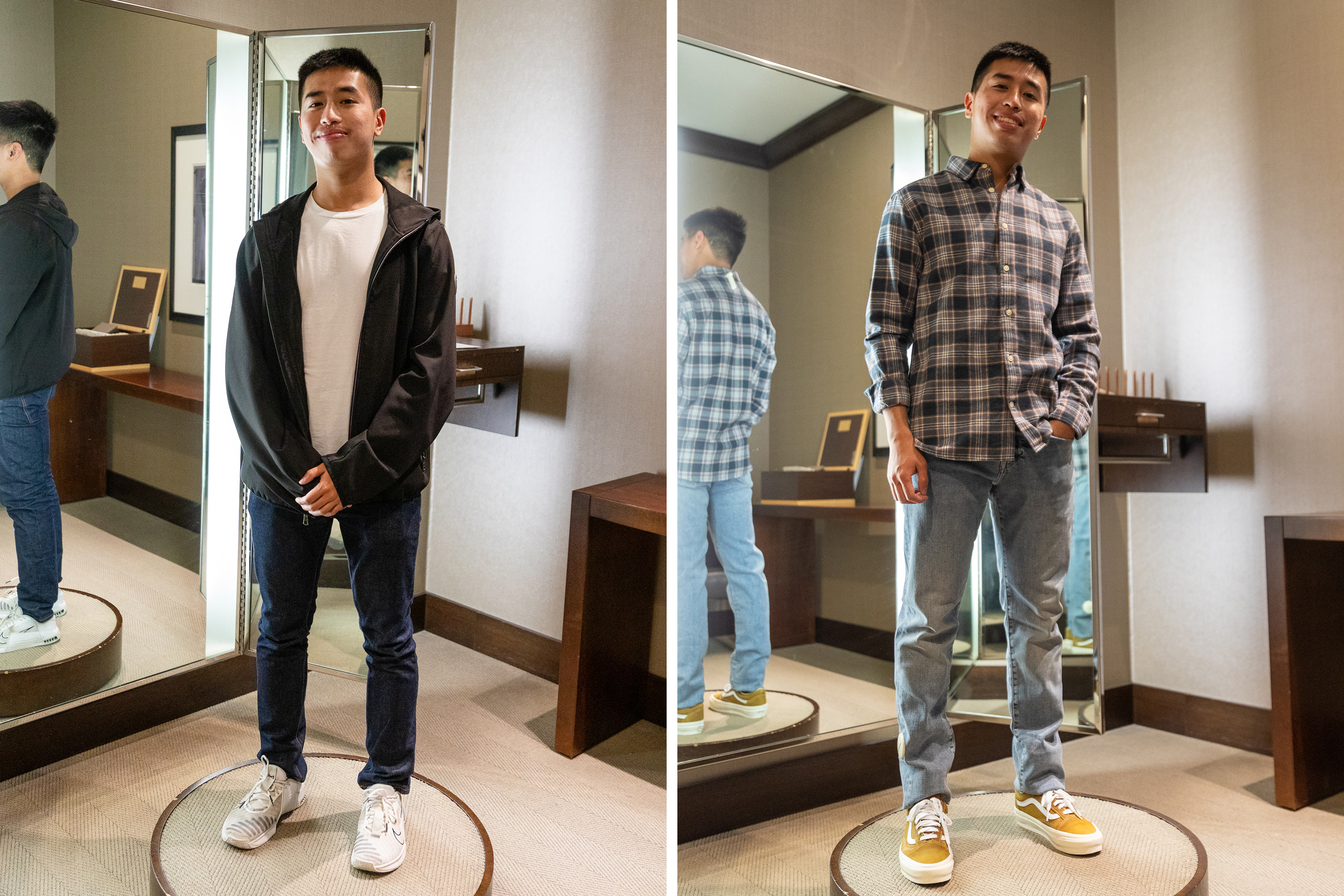 The image shows a young man trying on two different outfits in front of a mirror. One side features him in a black jacket, white T-shirt, jeans, and white sneakers, while the other shows him in a plaid shirt, jeans, and mustard-colored sneakers.