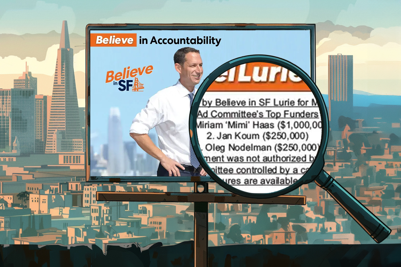 A billboard featuring a man in a white shirt and tie with "Believe in SF" and "accountability" text. There's a magnifying glass highlighting funders' names and amounts.