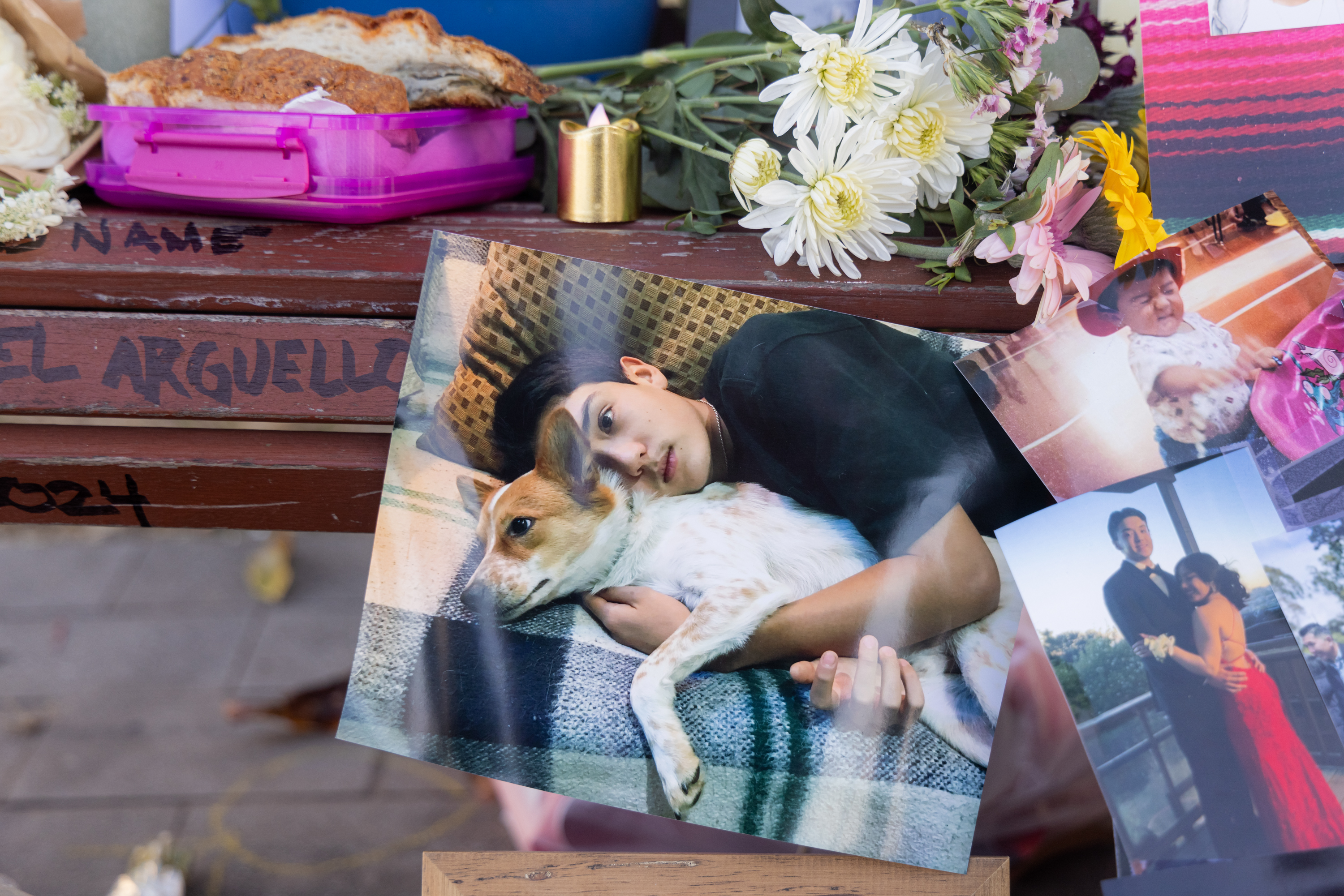 A memorial with flowers, lit candles, bread, and a photo of a person cuddling a dog. Other photos of happy moments are scattered around, creating a heartfelt tribute.