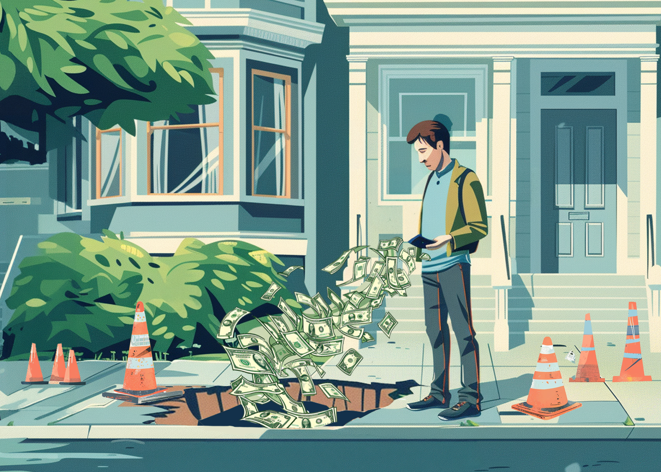 An illustration shows a man standing next to a hole in the sidewalk with a pile of money falling into the hole.