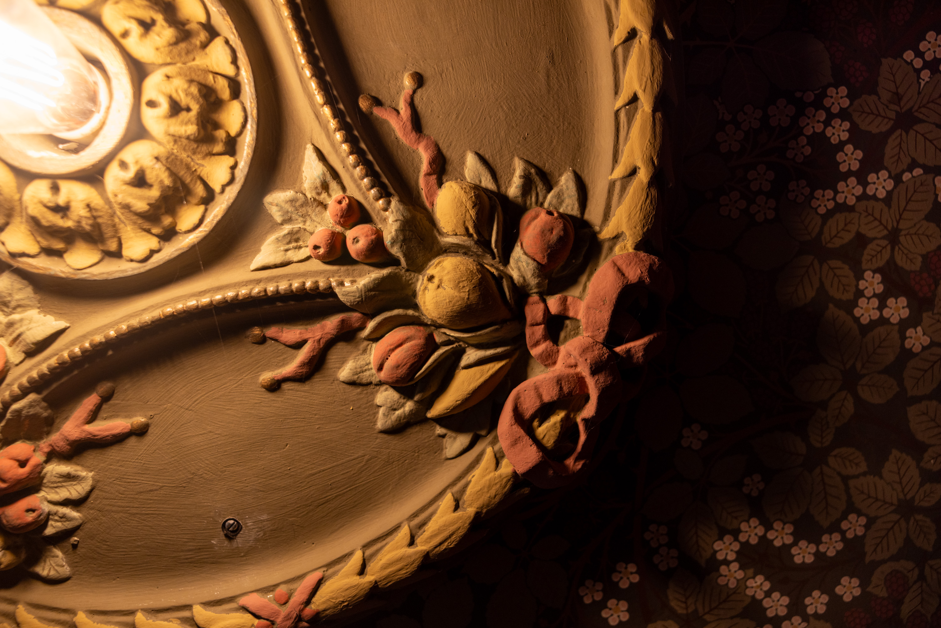An ornate ceiling decoration with detailed carvings of fruits, leaves, and bows, illuminated by a nearby light bulb, is set against a patterned background.