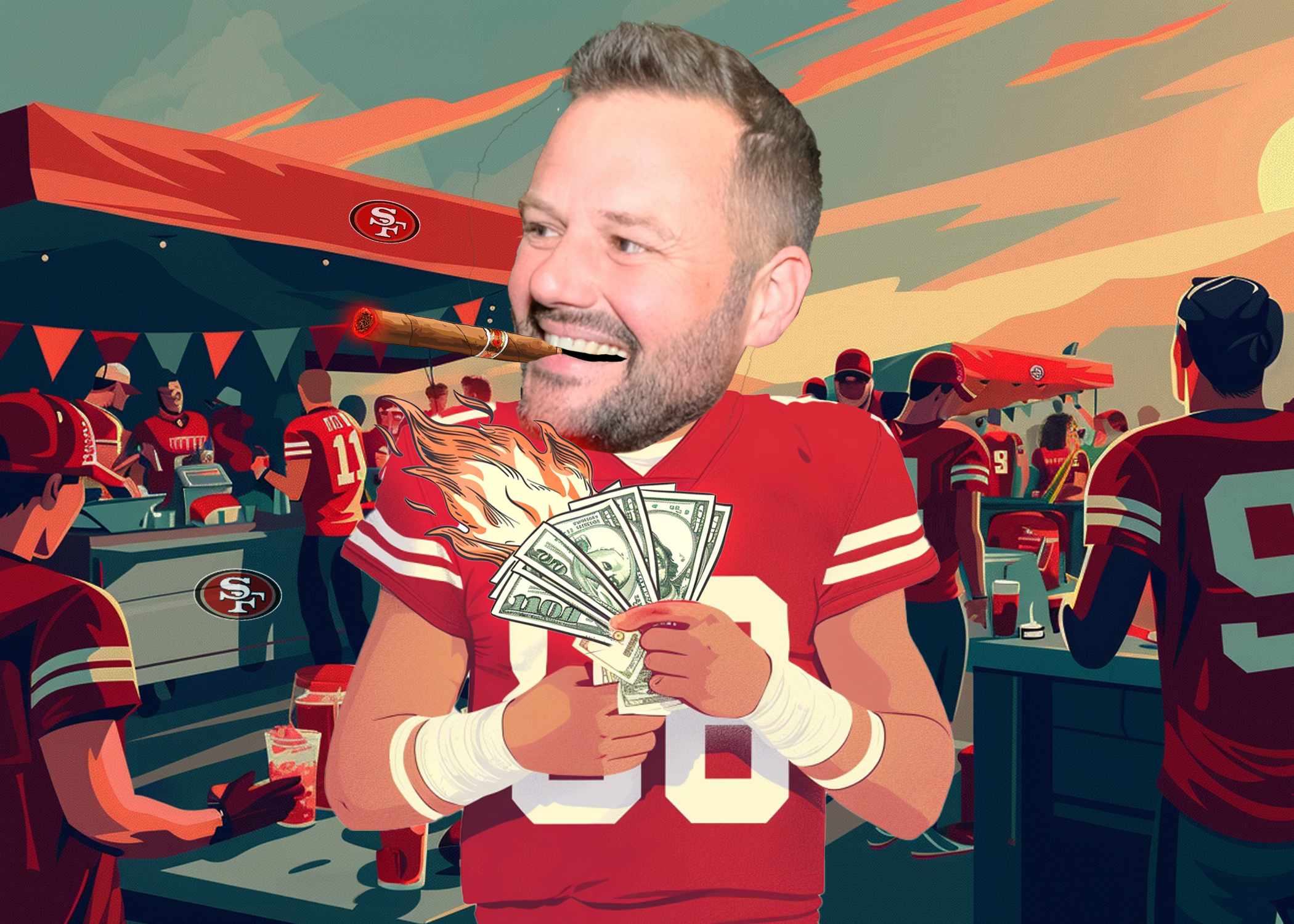 A smiling Matt Haney with a cigar is depicted with a football player body, holding burning money, at a vibrant outdoor event with people in red jerseys and team banners.