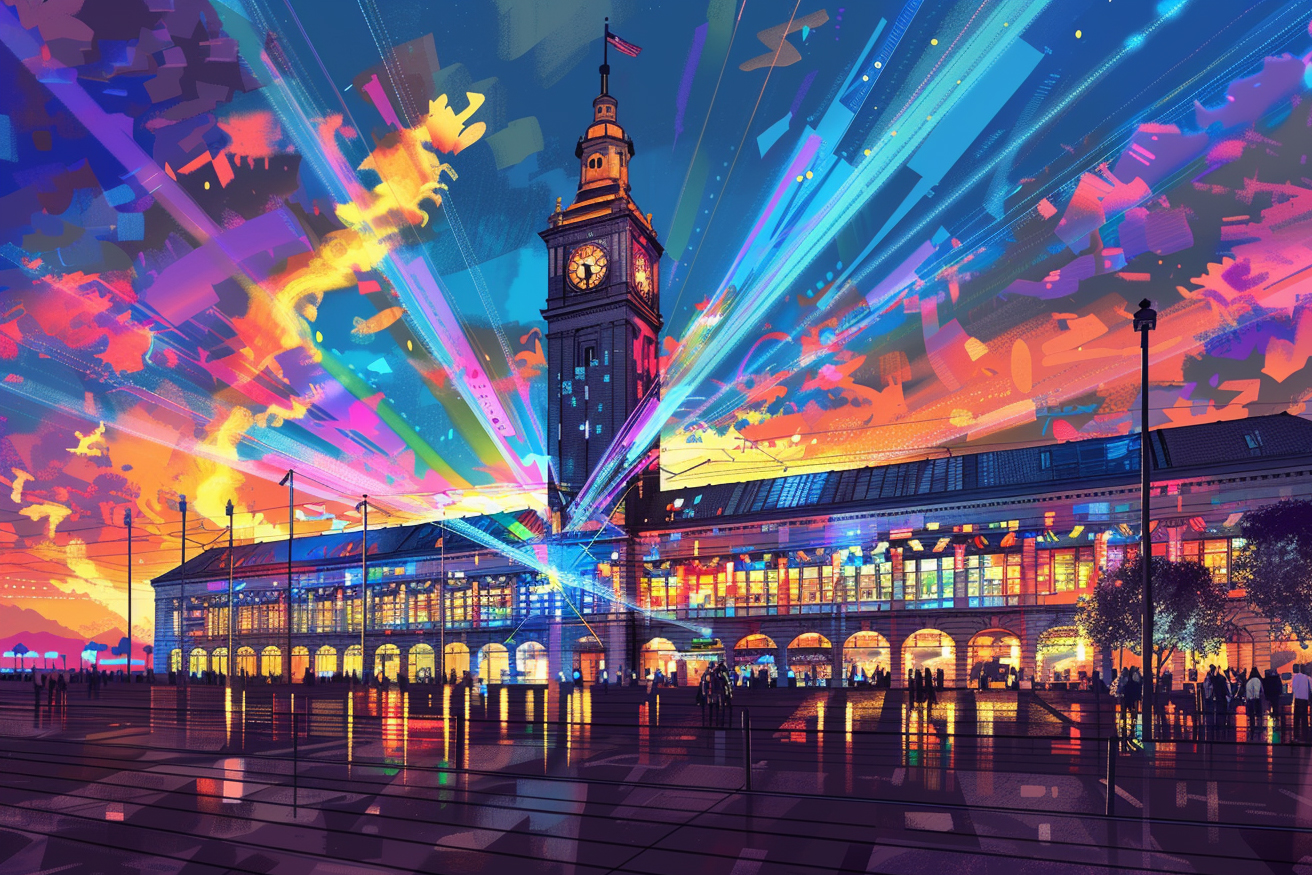 A clock tower building with vibrant beams of colorful light, against an orange and blue sky, surrounded by silhouettes of people and trees.
