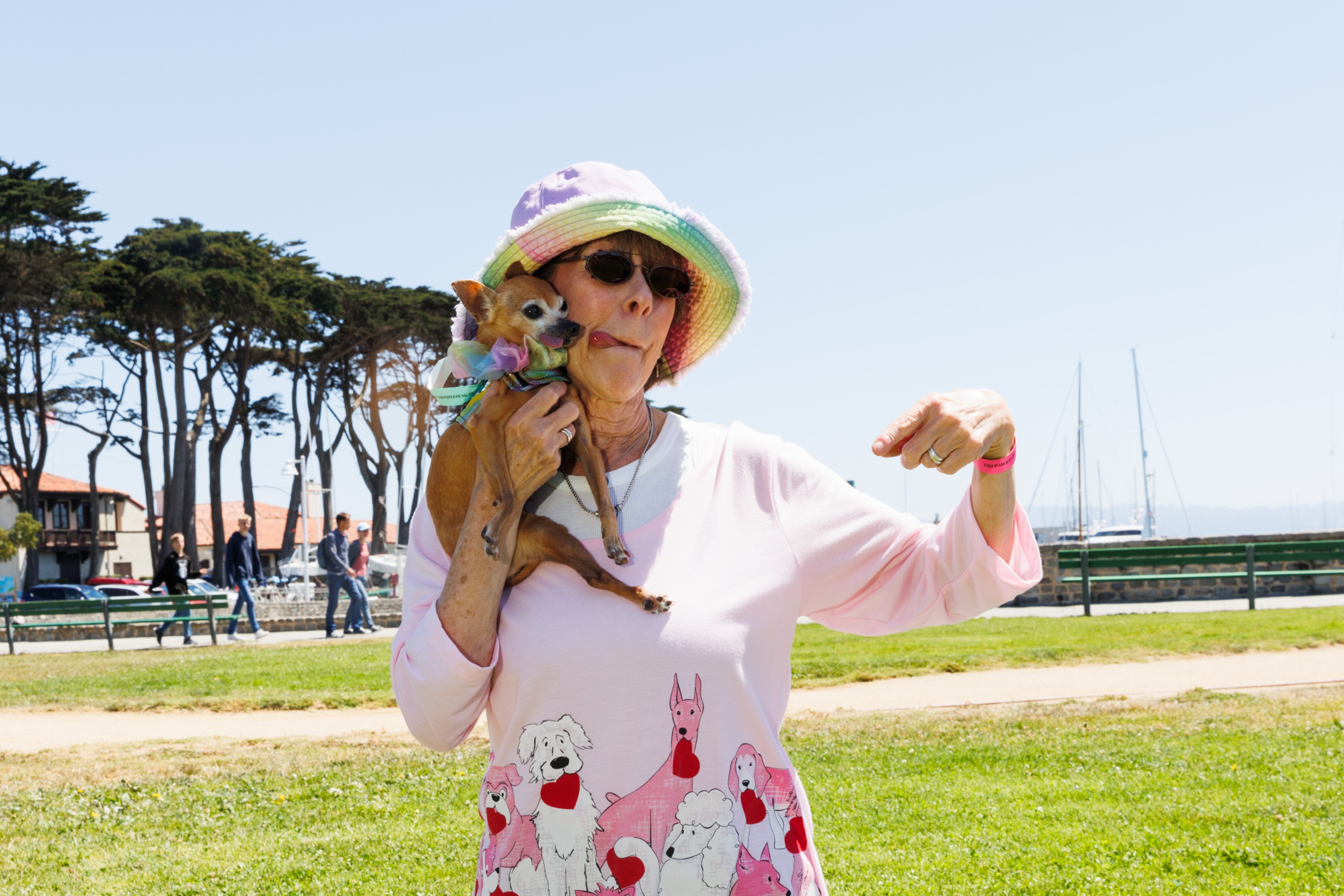 A woman in a colorful hat and dog-themed shirt holds a Chihuahua on her shoulder in a park, pointing playfully, with trees and people in the background.