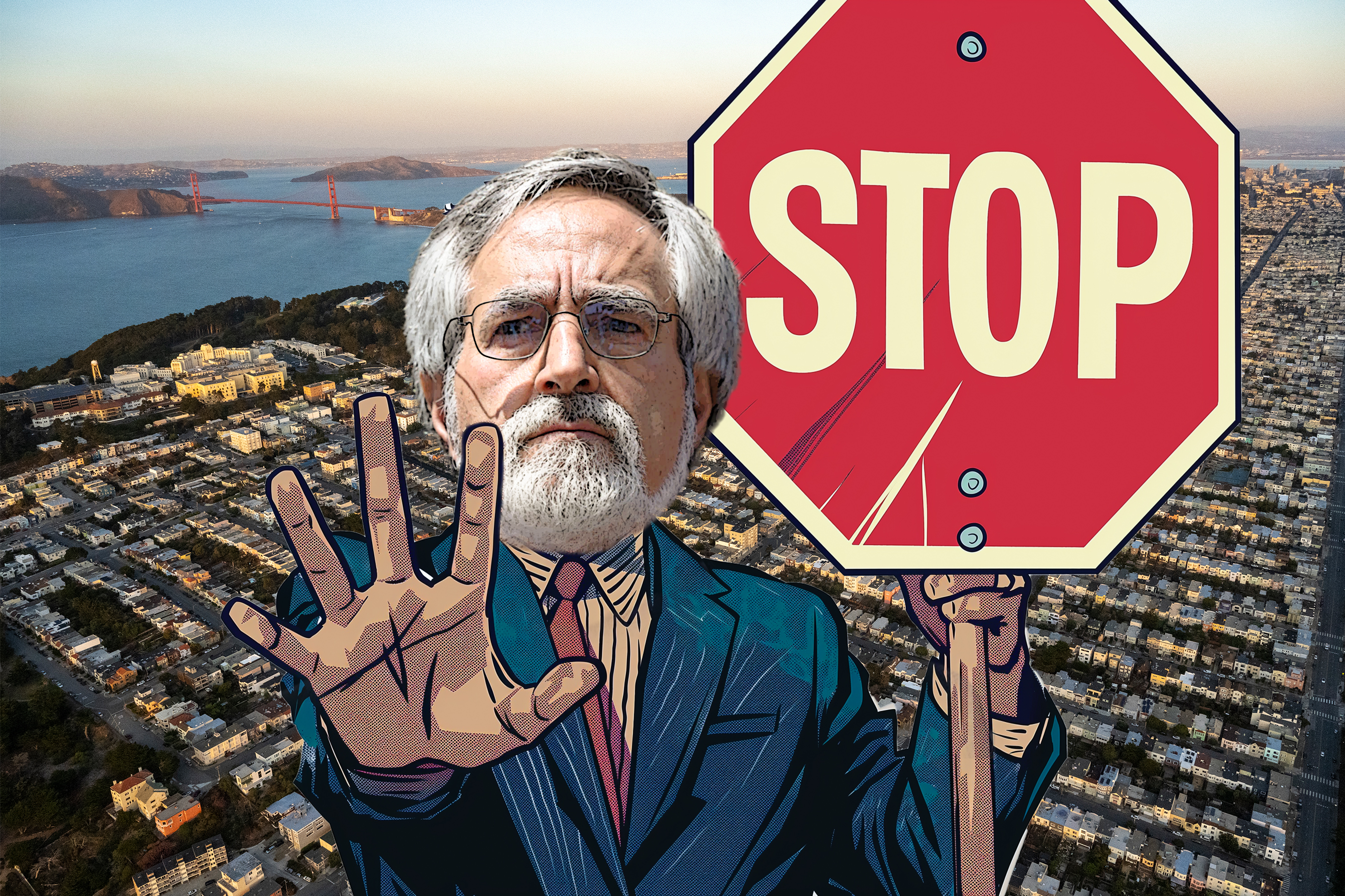 The image shows a man with gray hair and a beard, holding a large "STOP" sign, with a comic-style hand raised in a stop gesture, against an aerial cityscape.