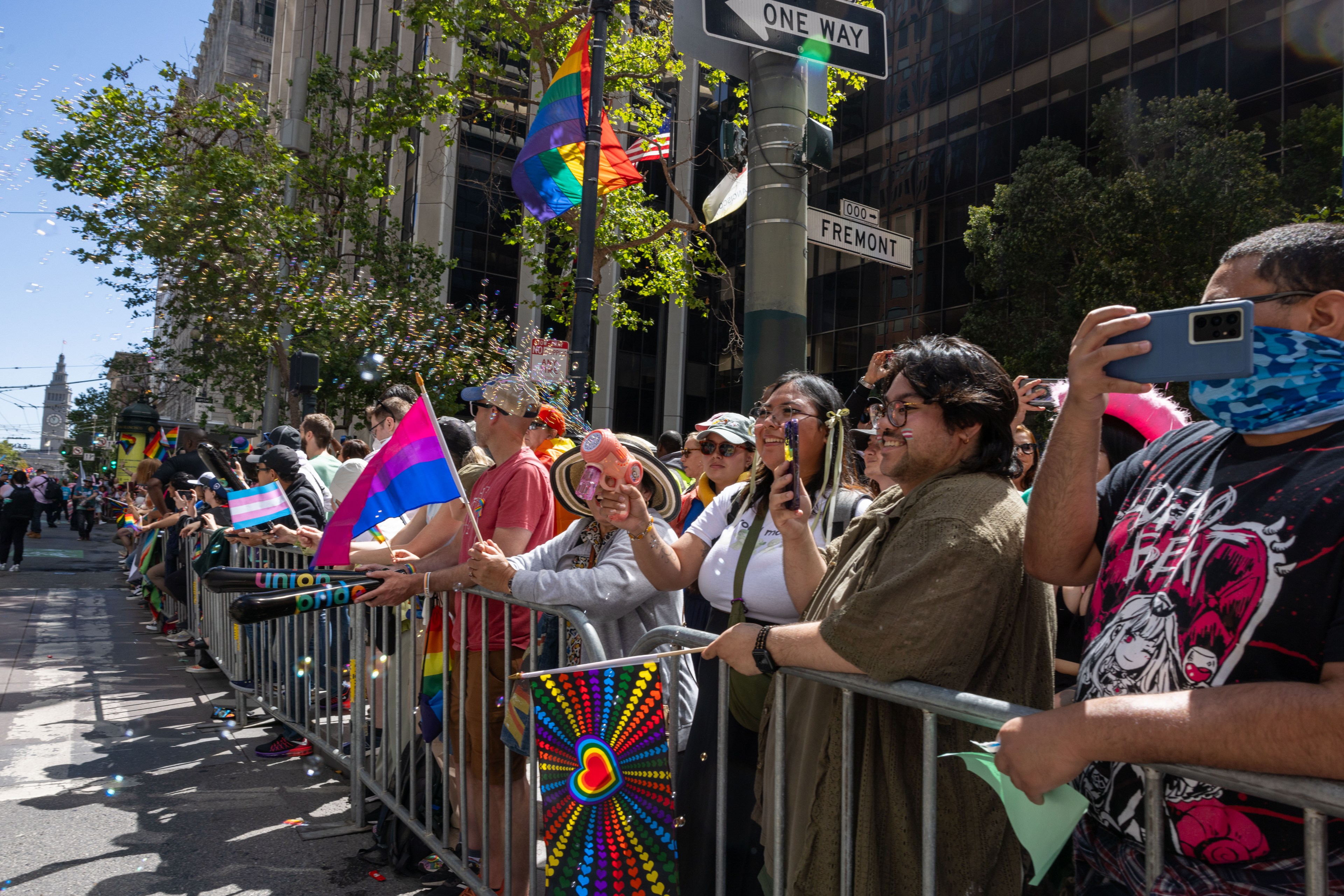 The image shows a diverse crowd cheering and holding various pride flags at a parade, with buildings and trees in the background, and street signs visible.