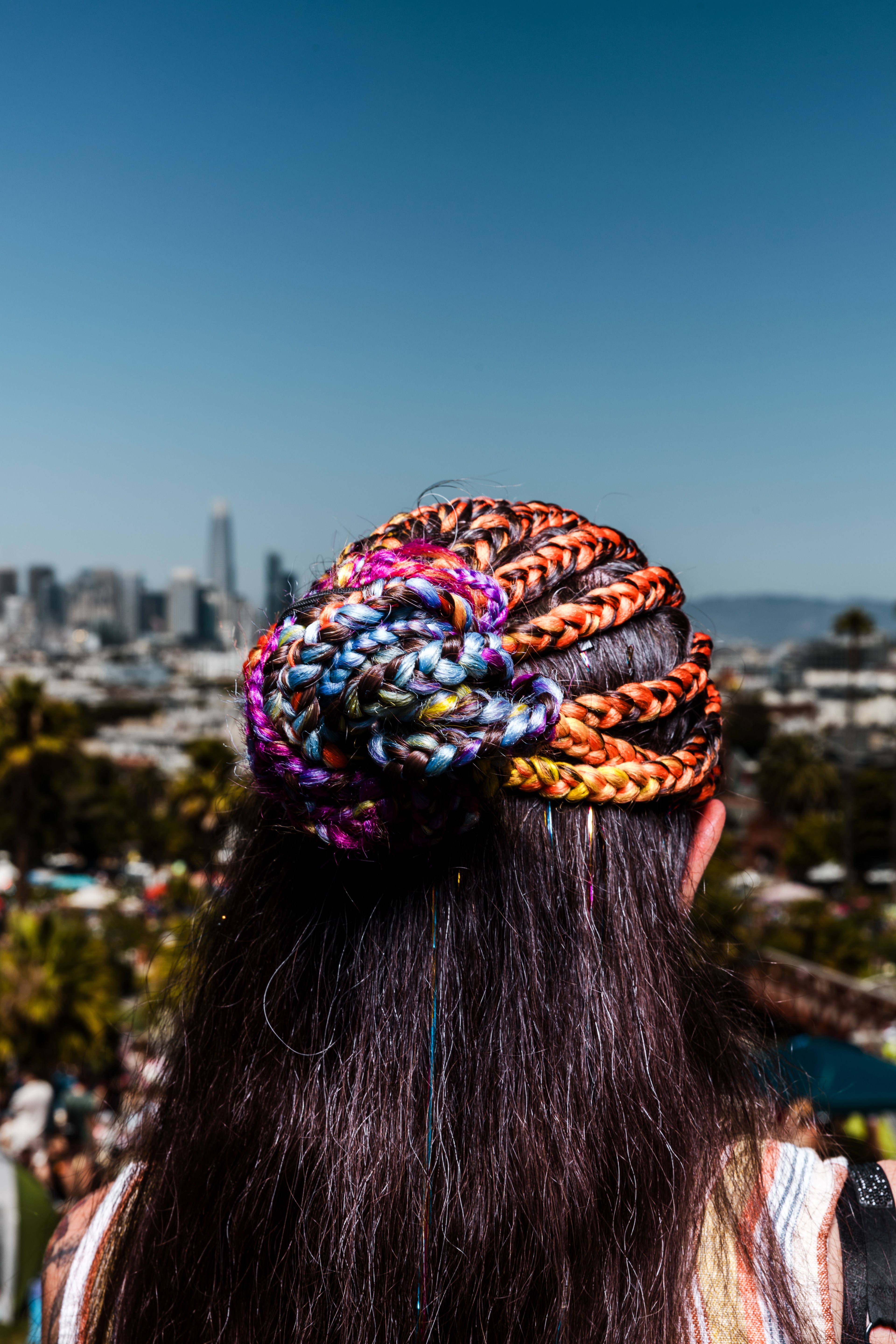 A person is seen from behind with dark hair intricately braided in colorful rainbow hues, set against an outdoor backdrop of a city skyline under a clear blue sky.