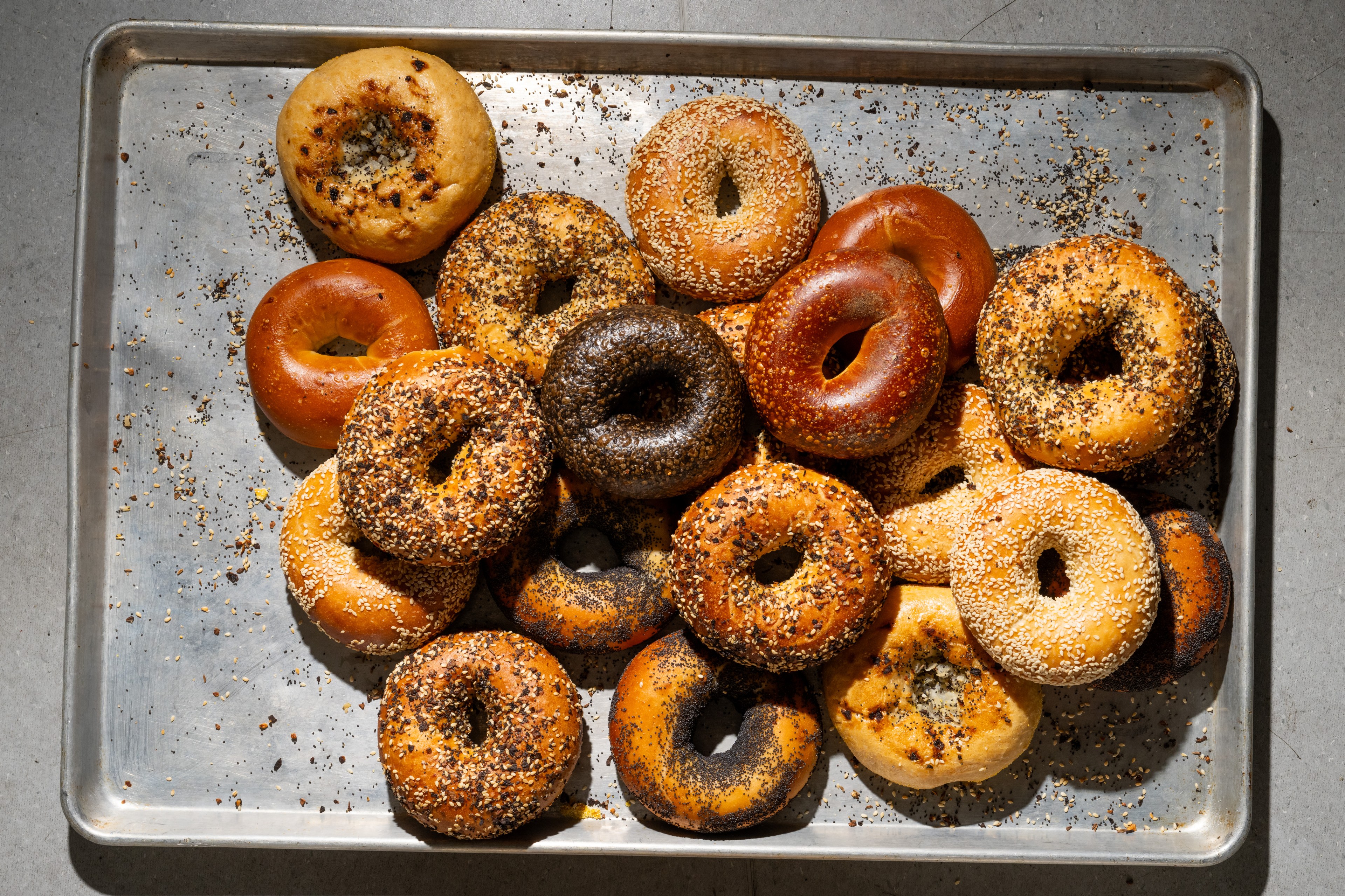 A metal tray holds a variety of bagels, some plain, some with sesame seeds, and others coated in everything seasoning. The bagels are casually arranged.