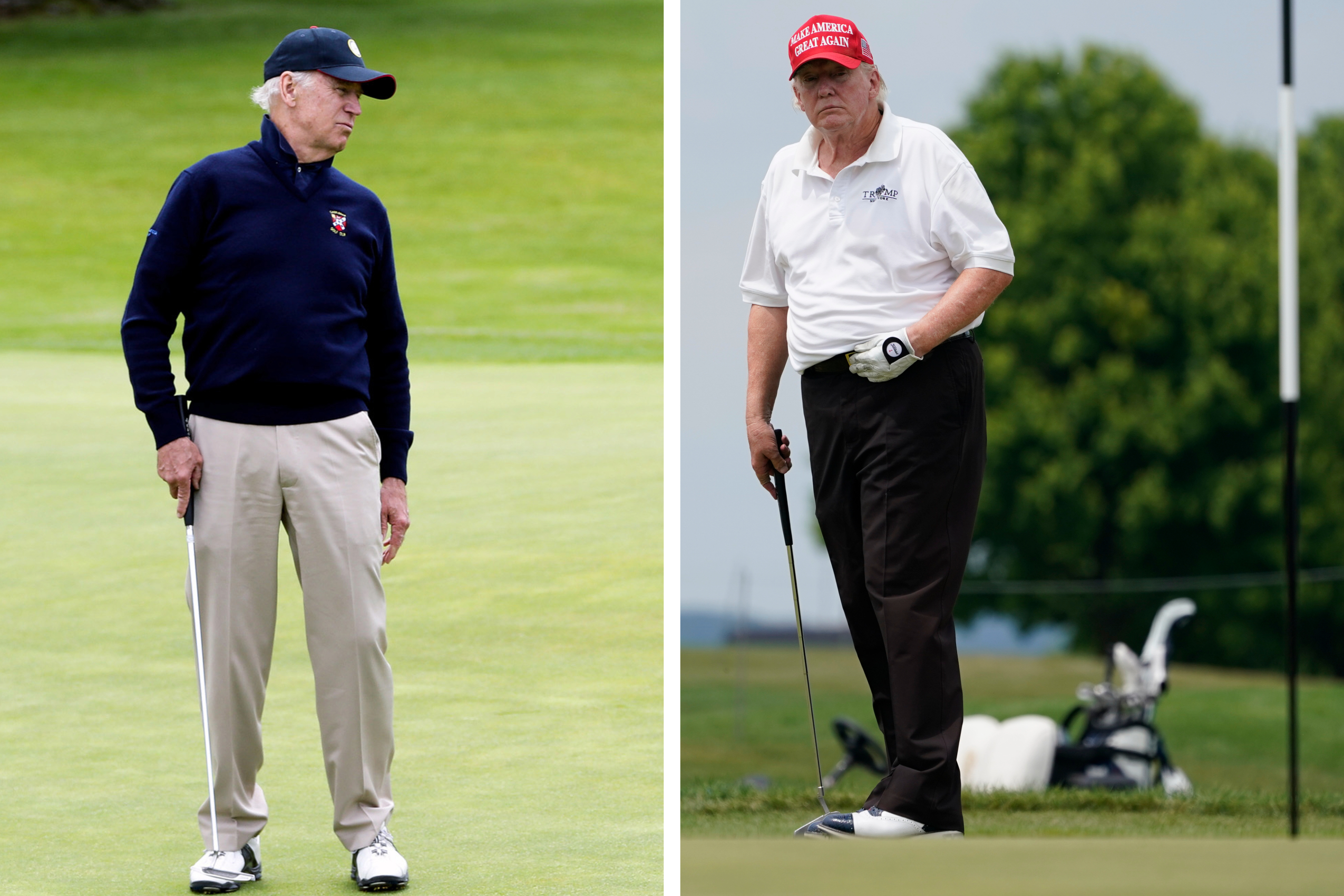 Two men are playing golf on a green course. One wears a navy jacket and beige pants; the other wears a white polo, black pants, and a red cap. Both hold golf clubs.