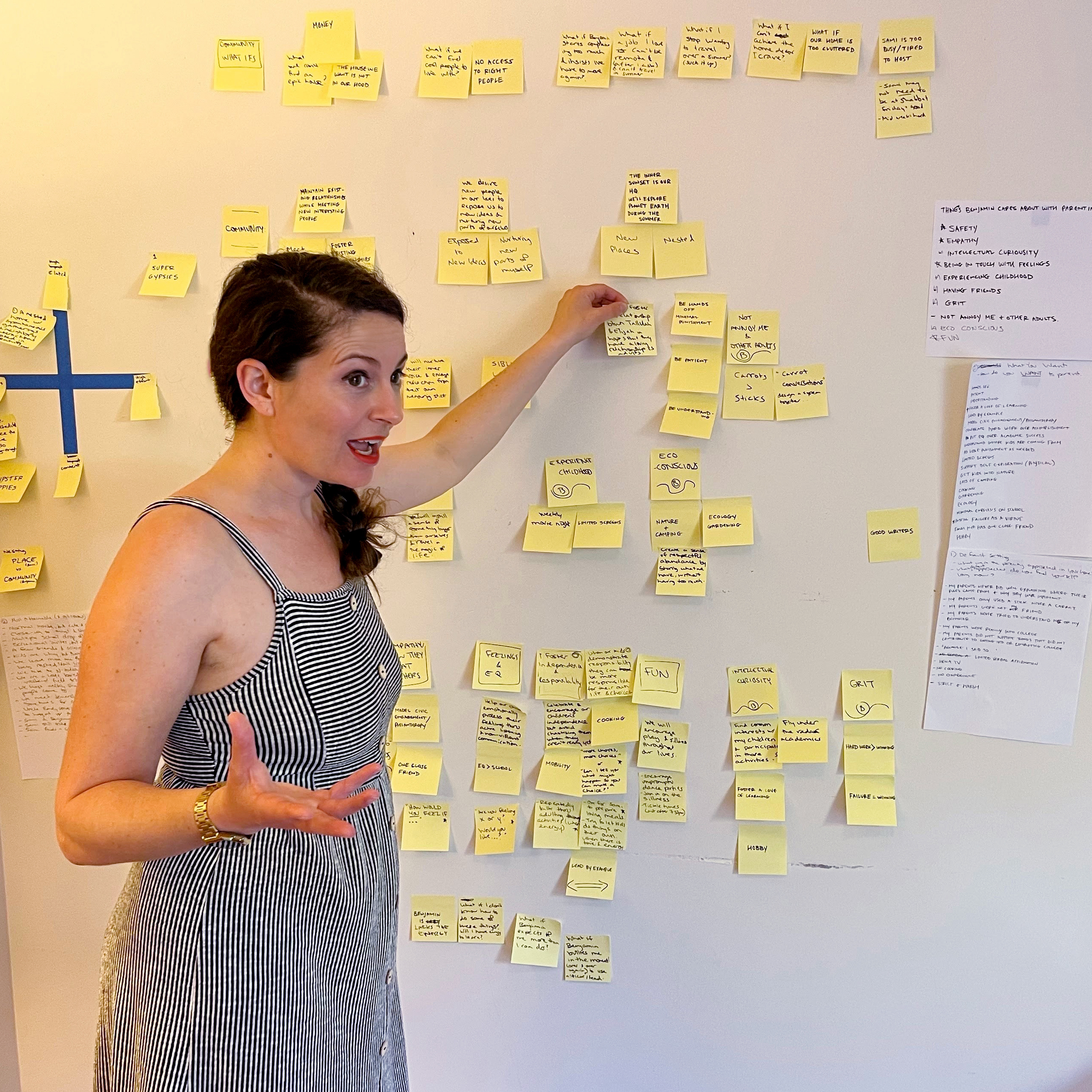 A woman in a striped dress stands beside a wall covered with numerous sticky notes and diagrams, actively pointing and discussing the content with an expressive gesture.