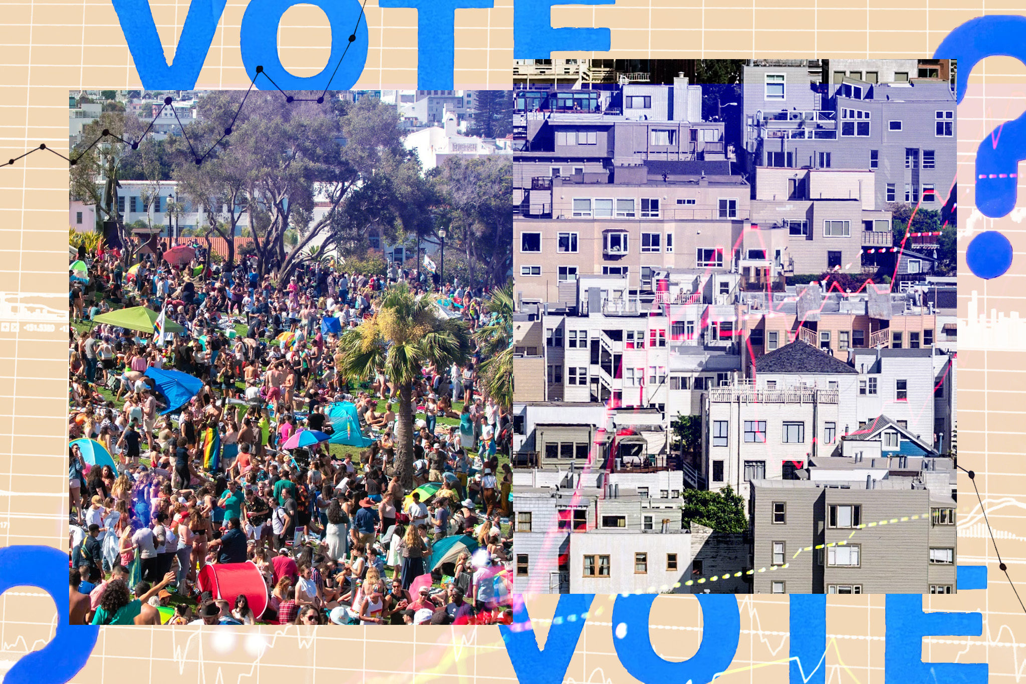 The image is divided: the left shows a bustling outdoor crowd with umbrellas and trees, while the right depicts densely packed multi-story buildings. Text "VOTE" overlays above.
