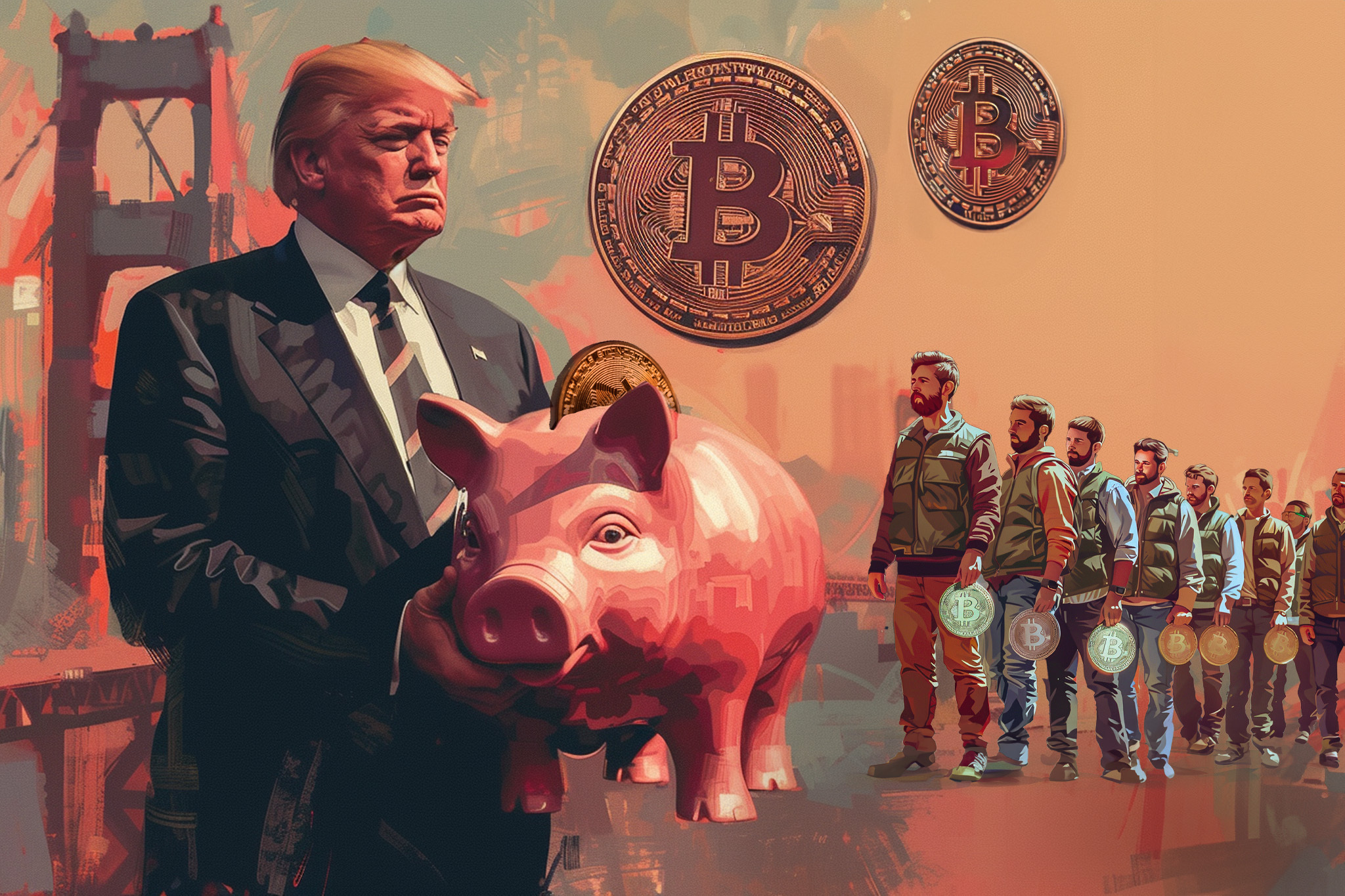 A man in a suit holds a large piggy bank. There are prominent Bitcoin symbols overhead and a line of men holding Bitcoins in the background against an urban setting.